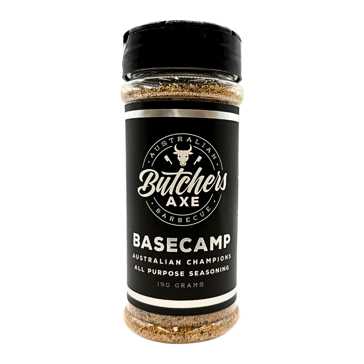 Butchers Axe Basecamp all-purpose seasoning 190g shaker, front label, product only on transparent background