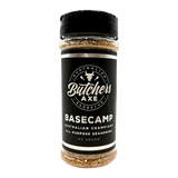 Butchers Axe Basecamp all-purpose seasoning 190g shaker, front label, product only on transparent background