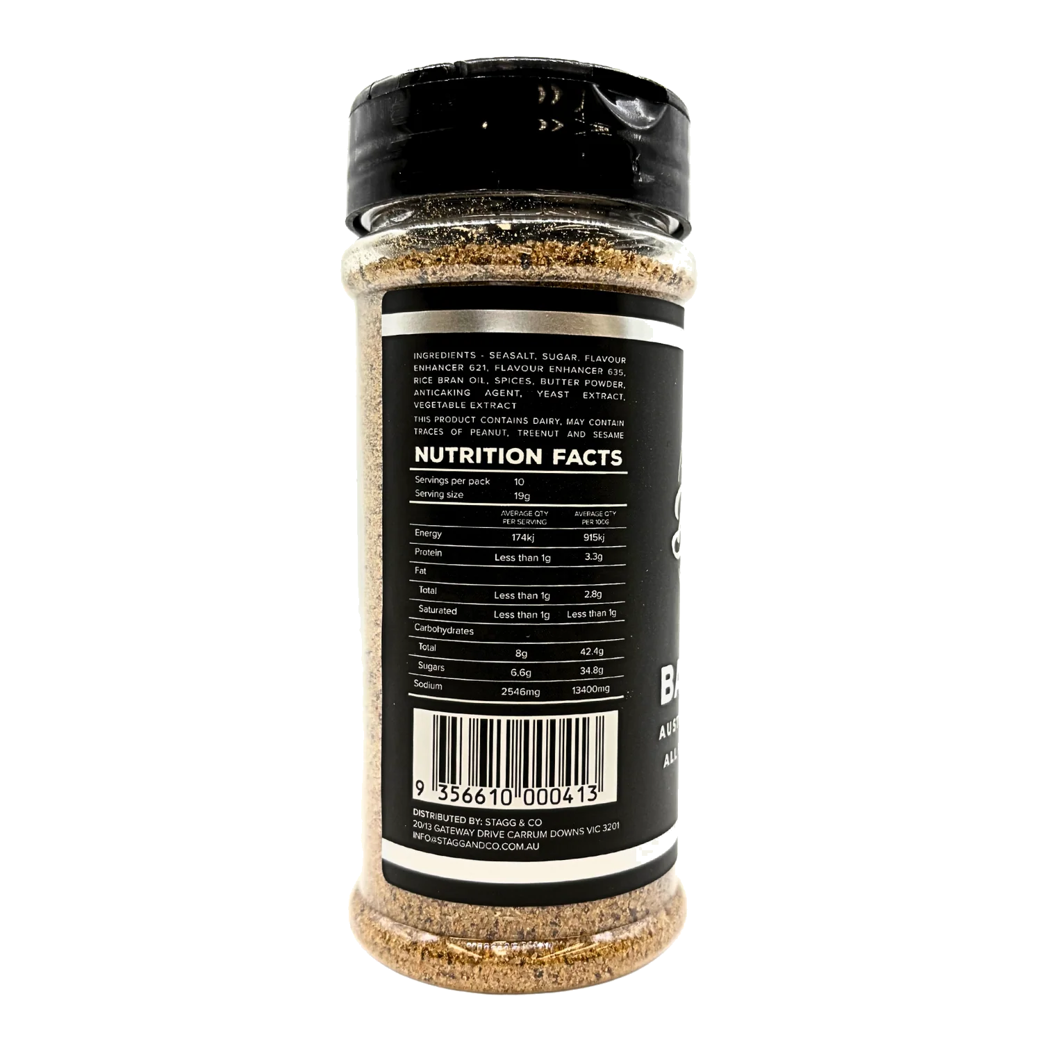 Butchers Axe Basecamp all-purpose seasoning 190g shaker, side label detail, transparent background