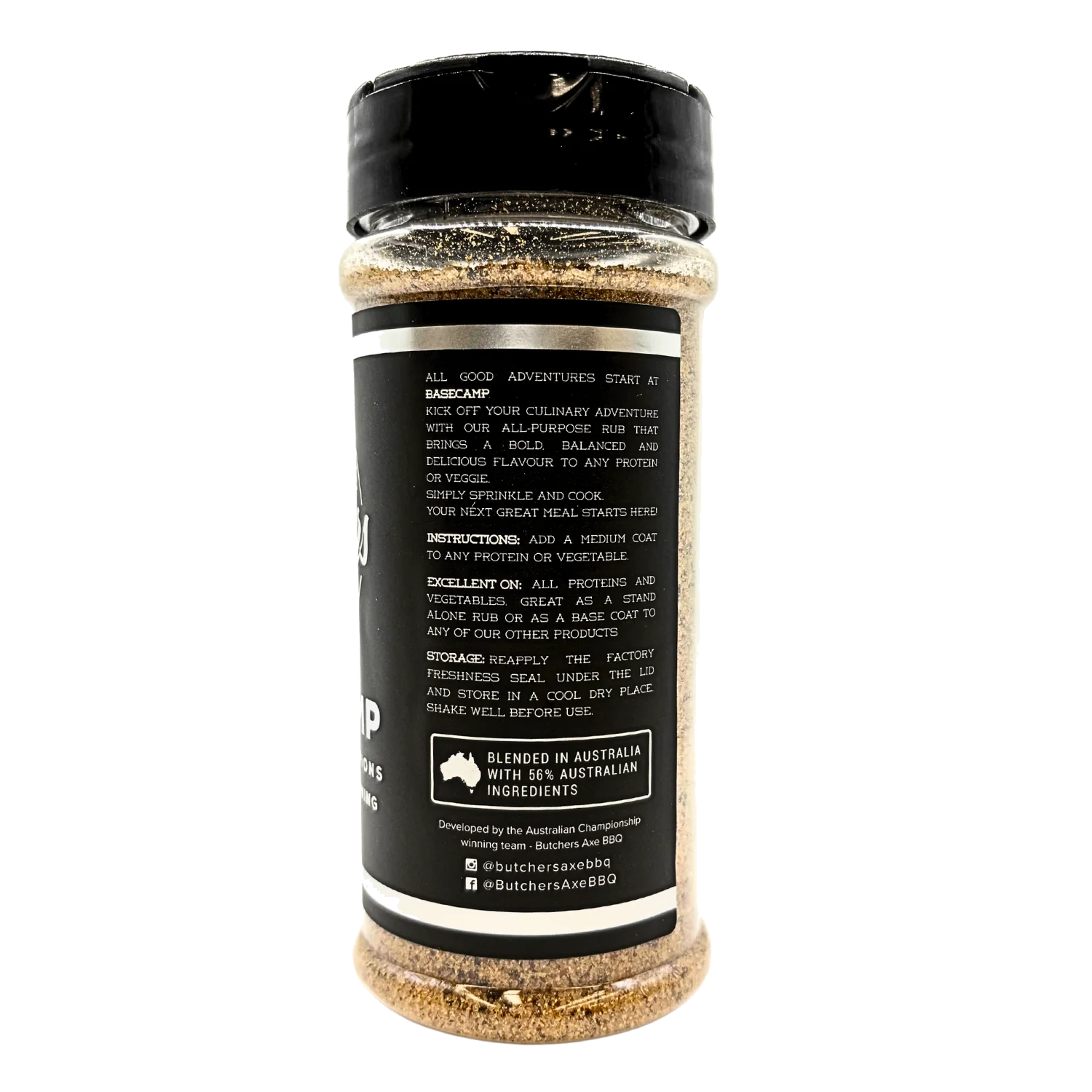 Butchers Axe Basecamp all-purpose seasoning 190g shaker, second side label, transparent background