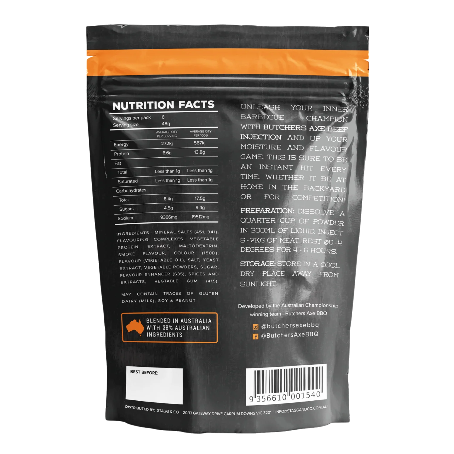 Butchers Axe Beef Injection 500g tub, back label with directions and ingredients, transparent background