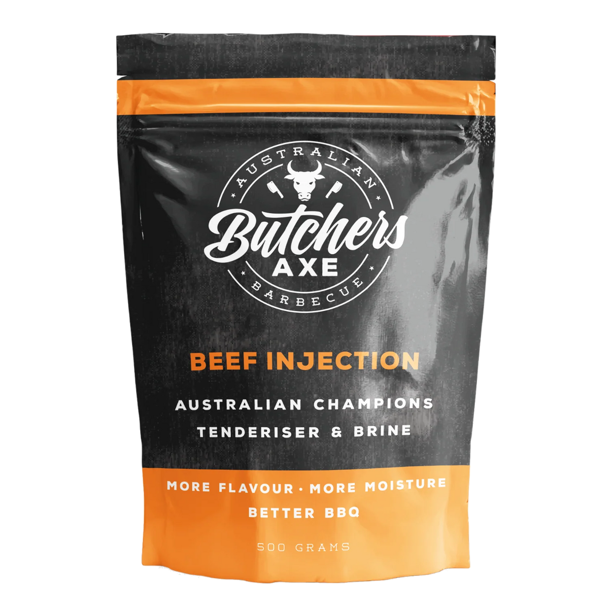 Butchers Axe Beef Injection 500g tub, front label, product only on transparent background