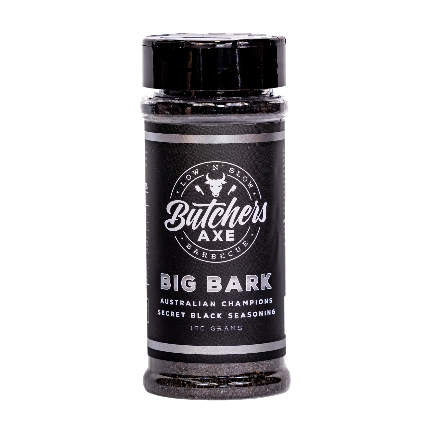 Butchers Axe Big Bark charcoal beef rub 190g shaker, front label, product only on transparent background