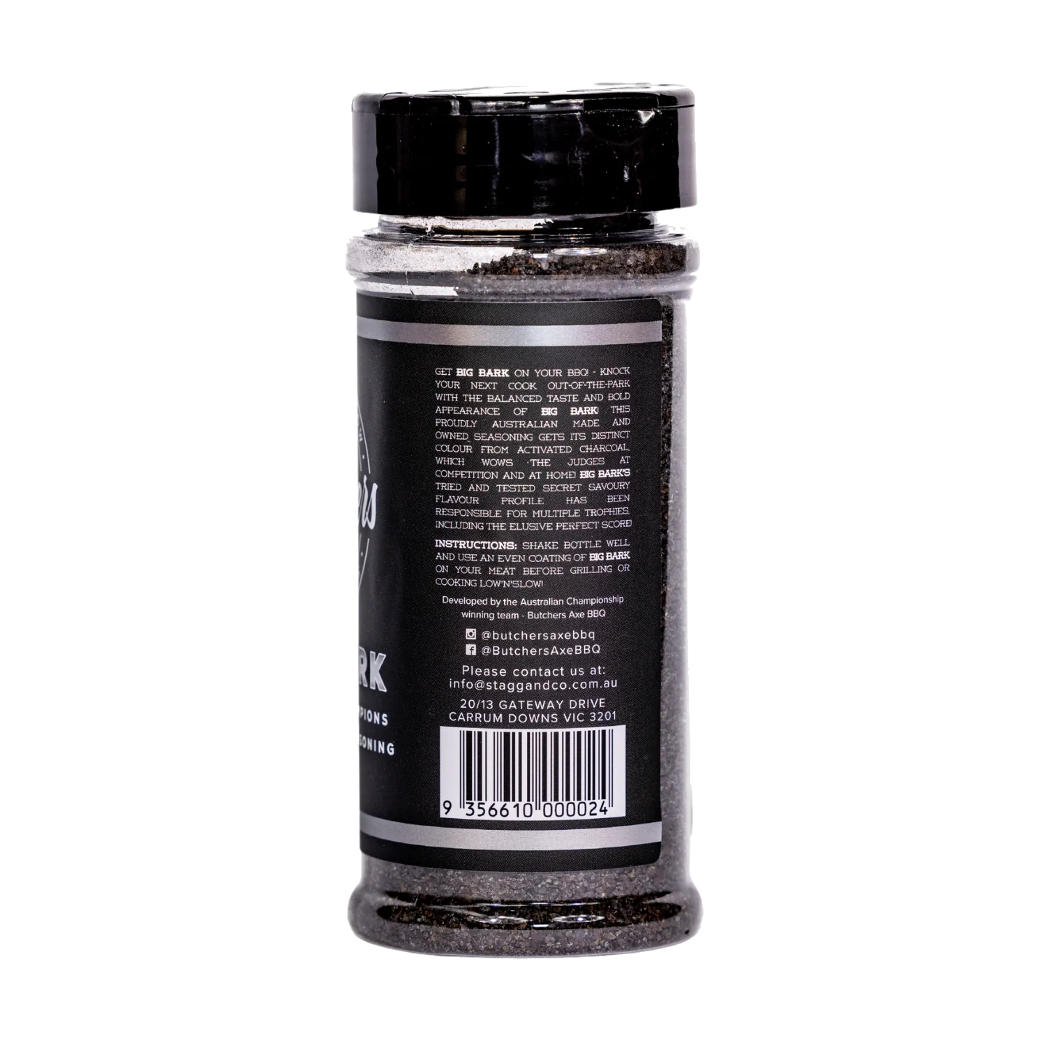 Butchers Axe Big Bark beef rub 190g shaker, side label detail, transparent background