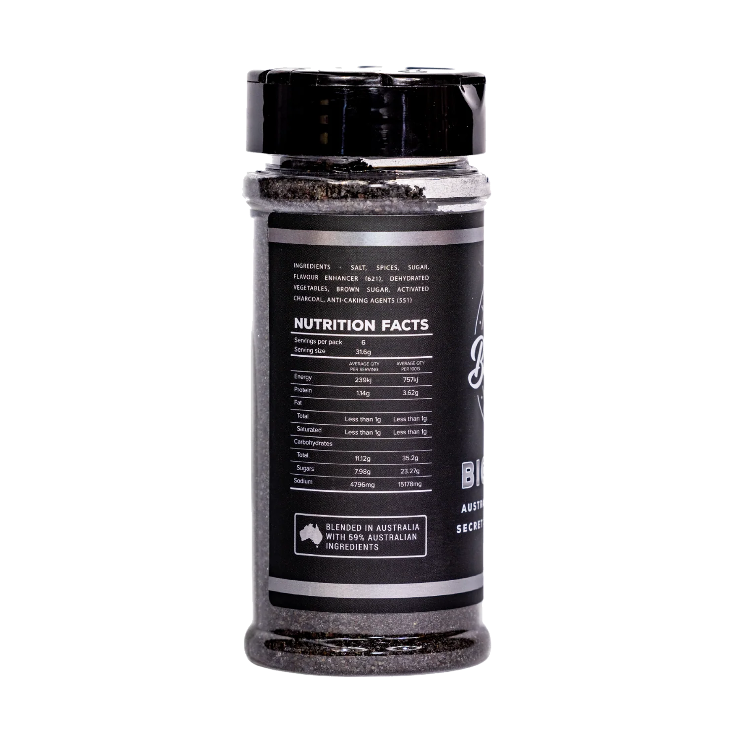 Butchers Axe Big Bark beef rub 190g shaker, ingredients and nutrition panel, transparent background