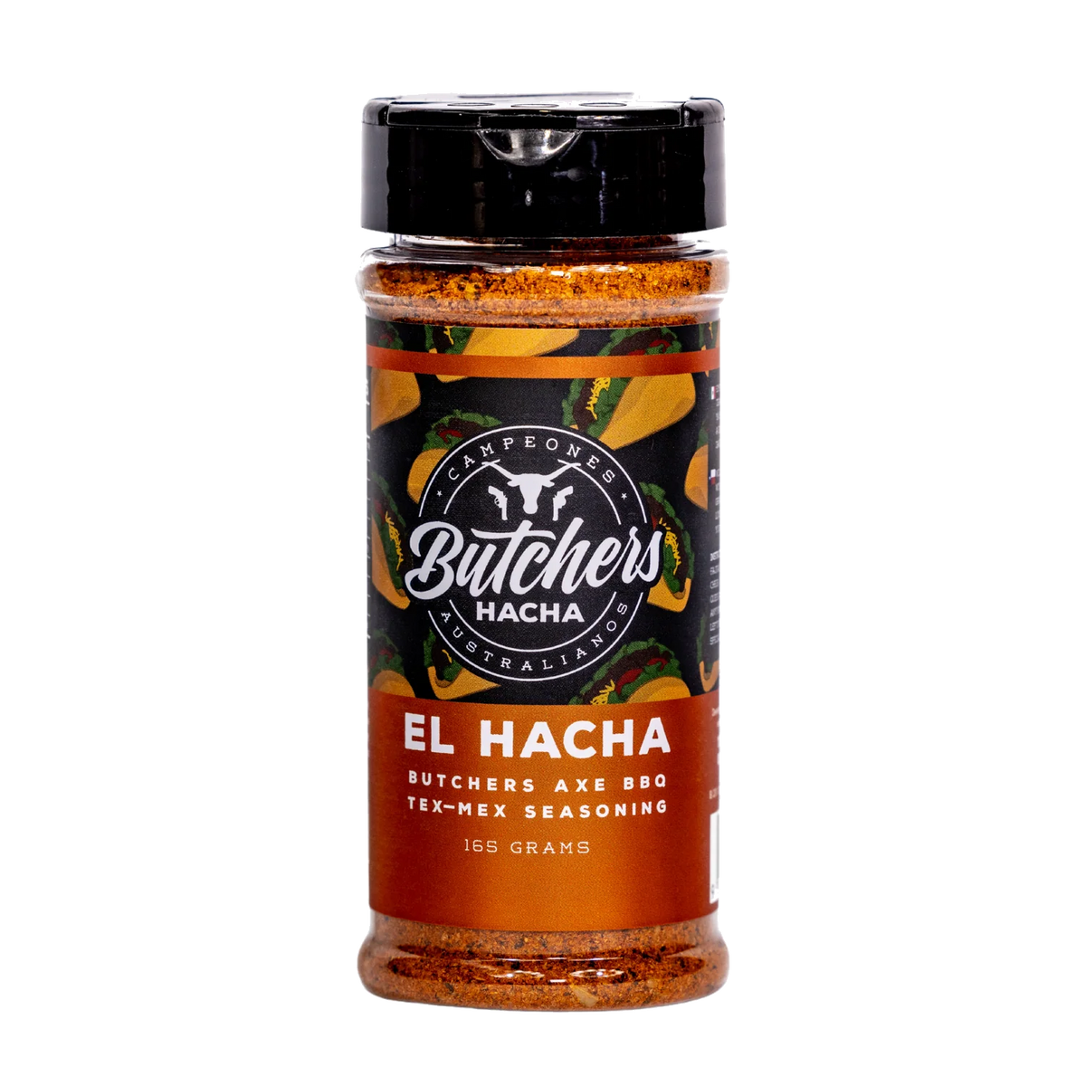 Butchers Axe El Hacha Tex-Mex seasoning 165g shaker, front label, product only on transparent background