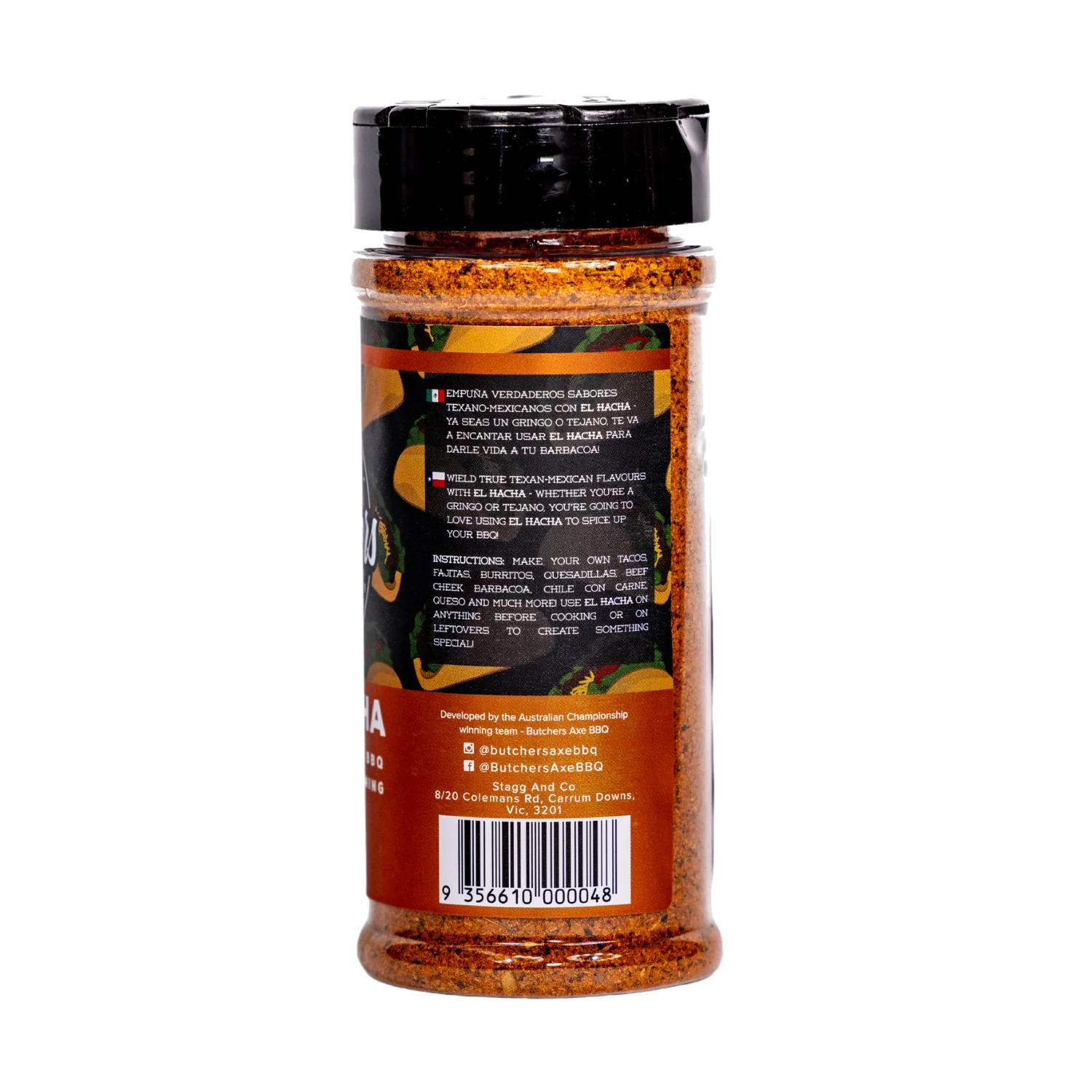 Butchers Axe El Hacha Tex-Mex seasoning 165g shaker, side label detail, transparent background