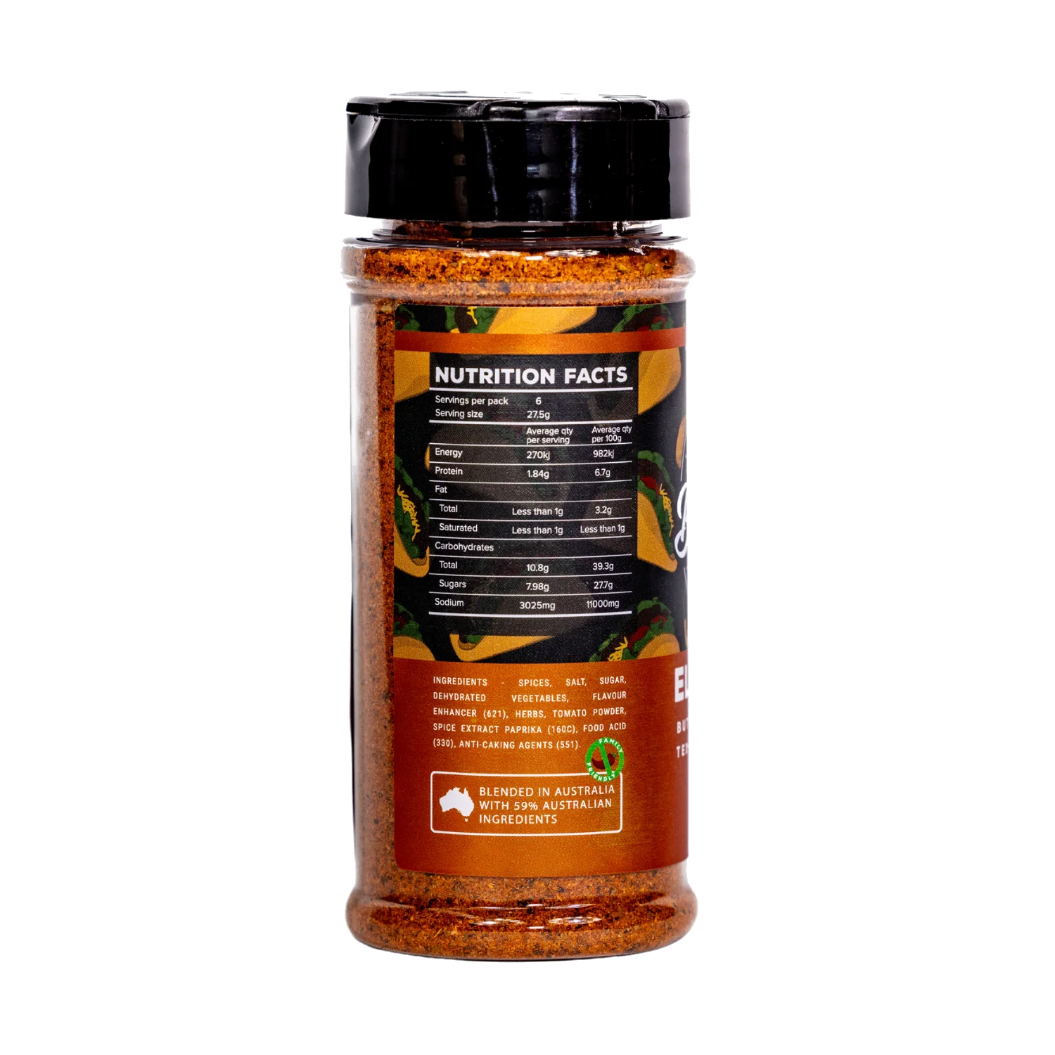Butchers Axe El Hacha Tex-Mex seasoning 165g shaker, ingredients and nutrition panel, transparent background