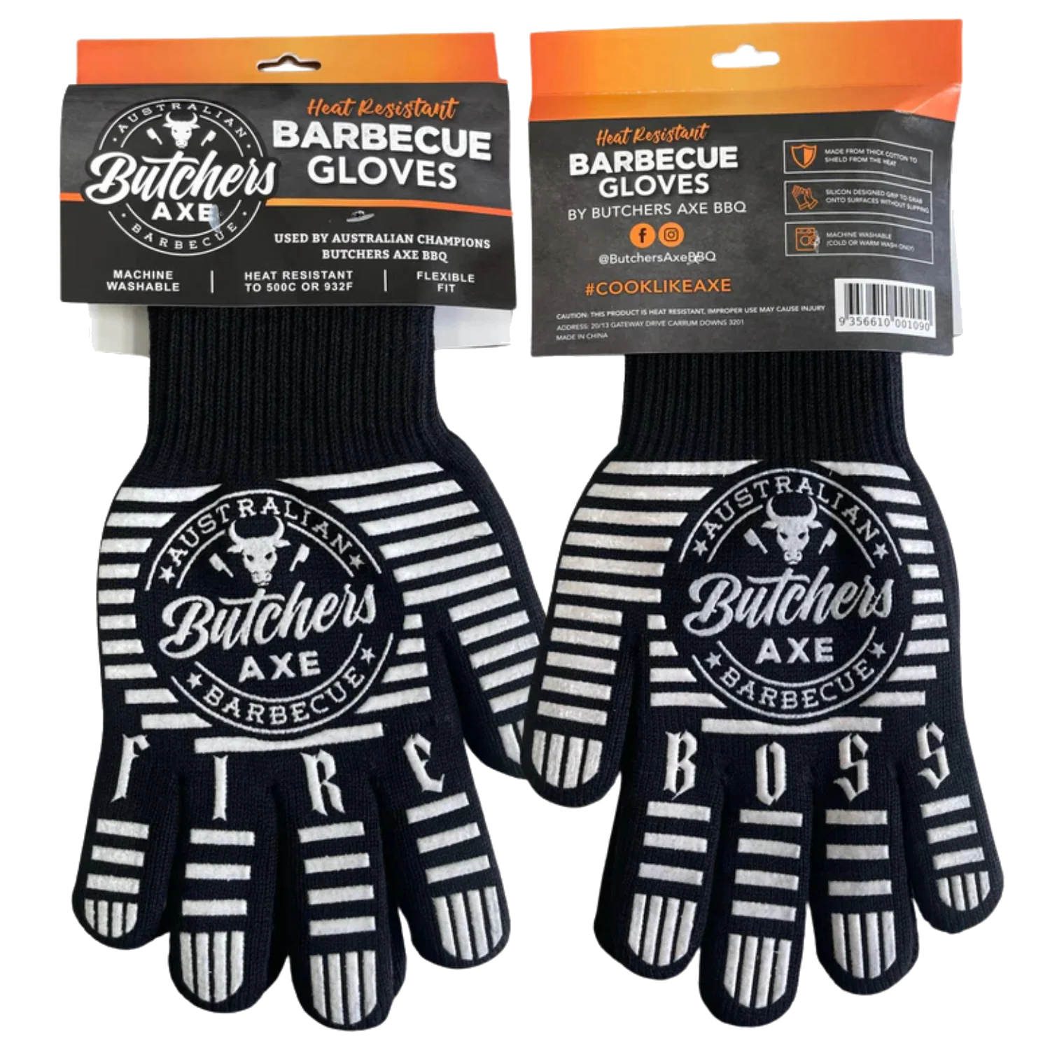 Butchers Axe heat resistant BBQ gloves, pair shown, product only on transparent background