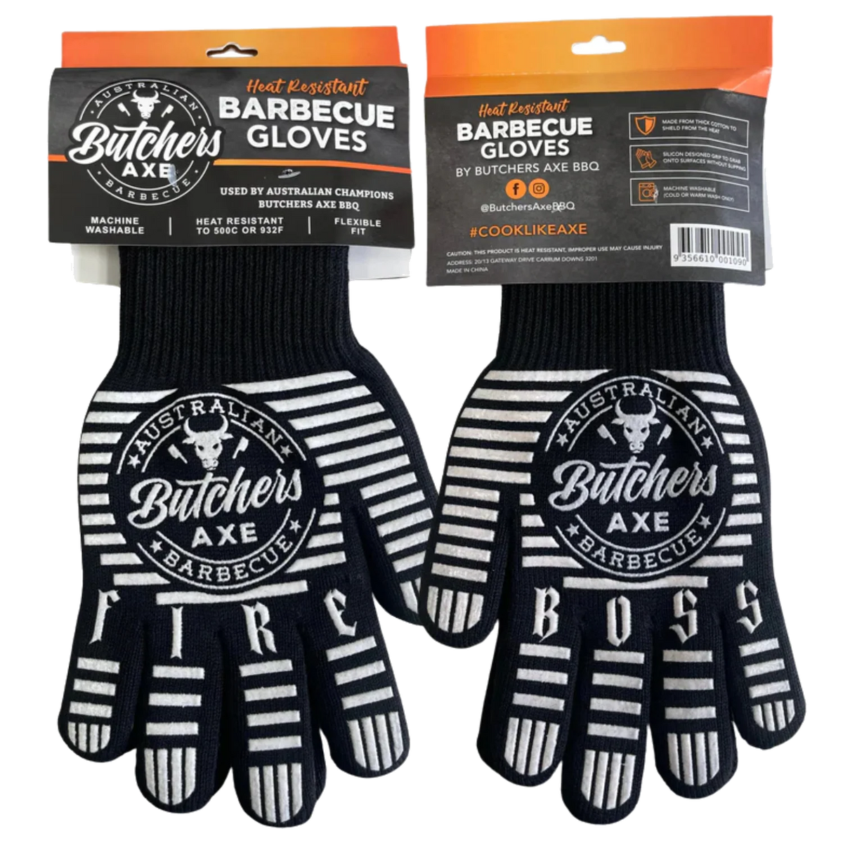 Butchers Axe heat resistant BBQ gloves, pair shown, product only on transparent background