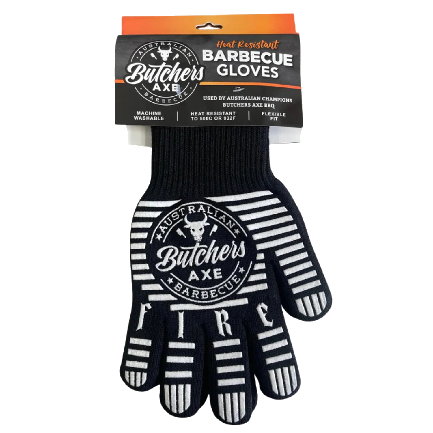 Butchers Axe heat resistant BBQ glove, left hand detail, transparent background