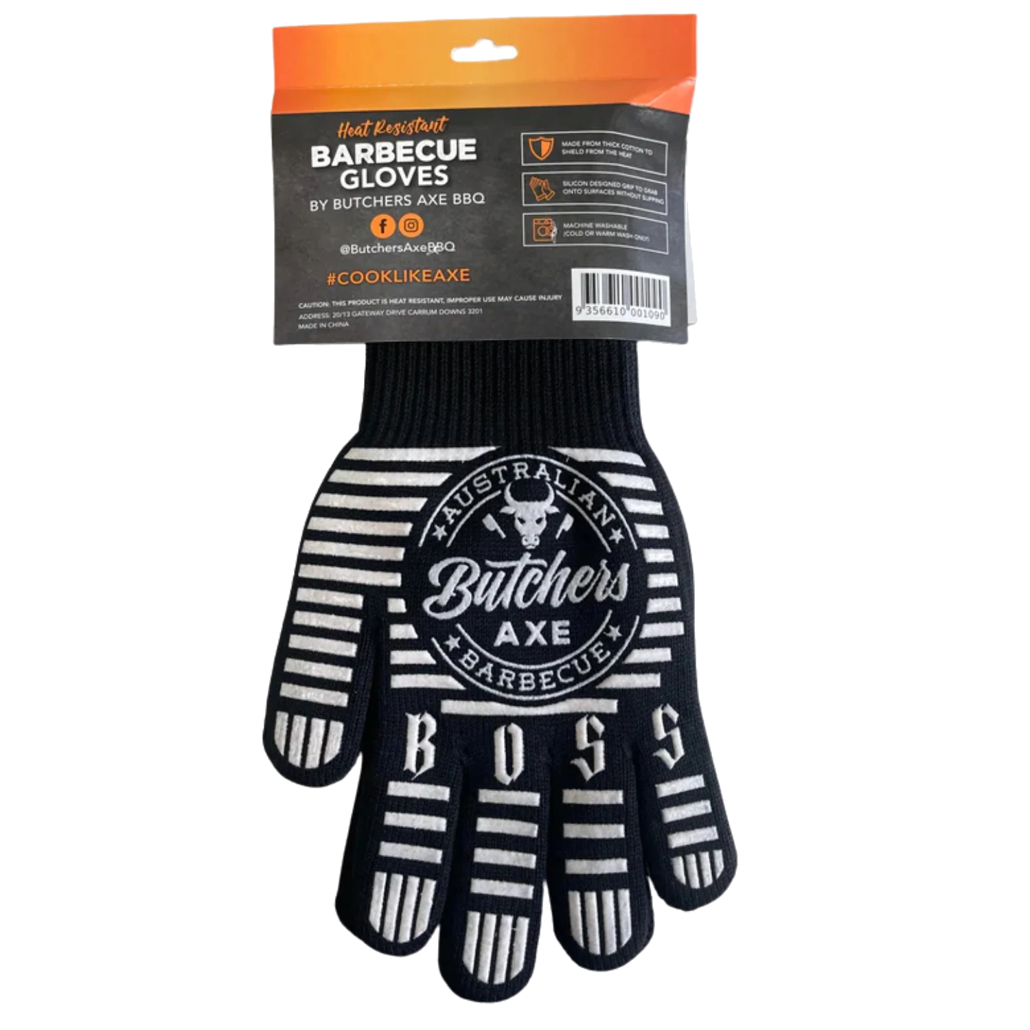 Butchers Axe heat resistant BBQ glove, right hand with silicone grip, transparent background