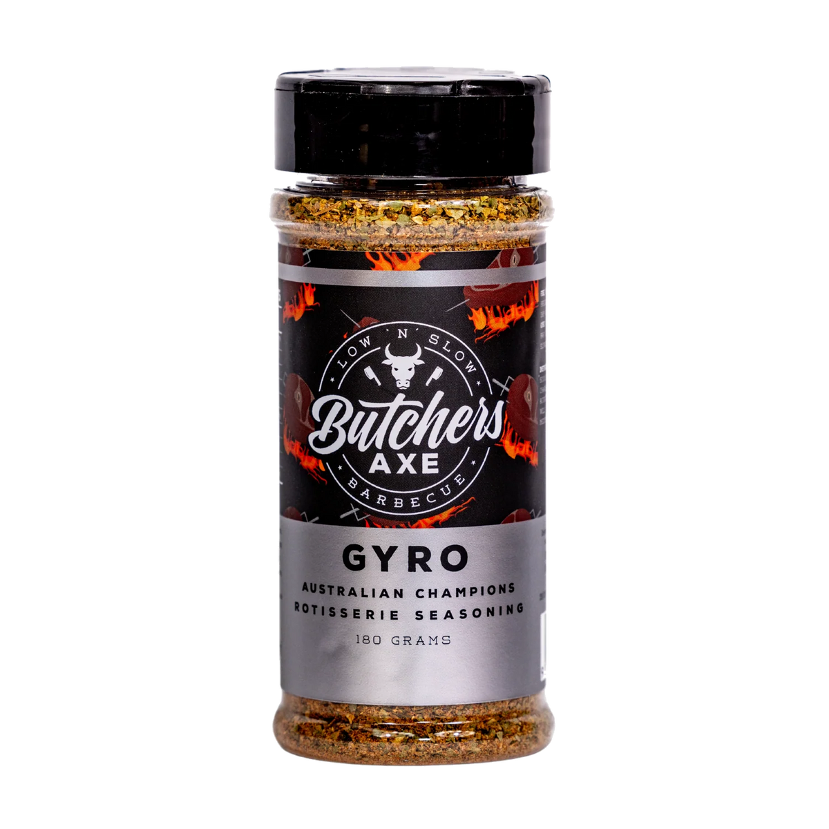 Butchers Axe Gyros rotisserie seasoning 180g shaker, front label, product only on transparent background