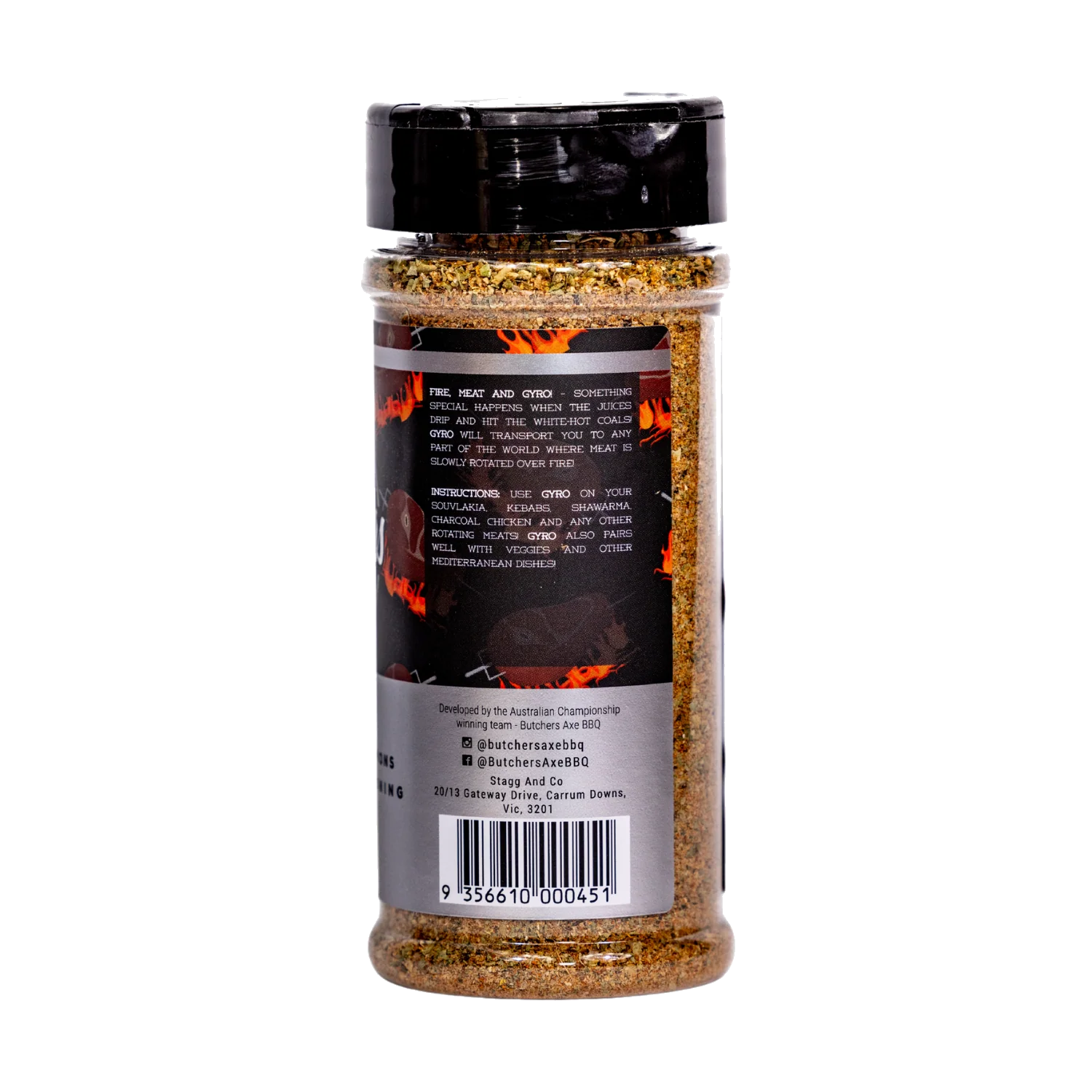 Butchers Axe Gyros rotisserie seasoning 180g shaker, side label detail, transparent background