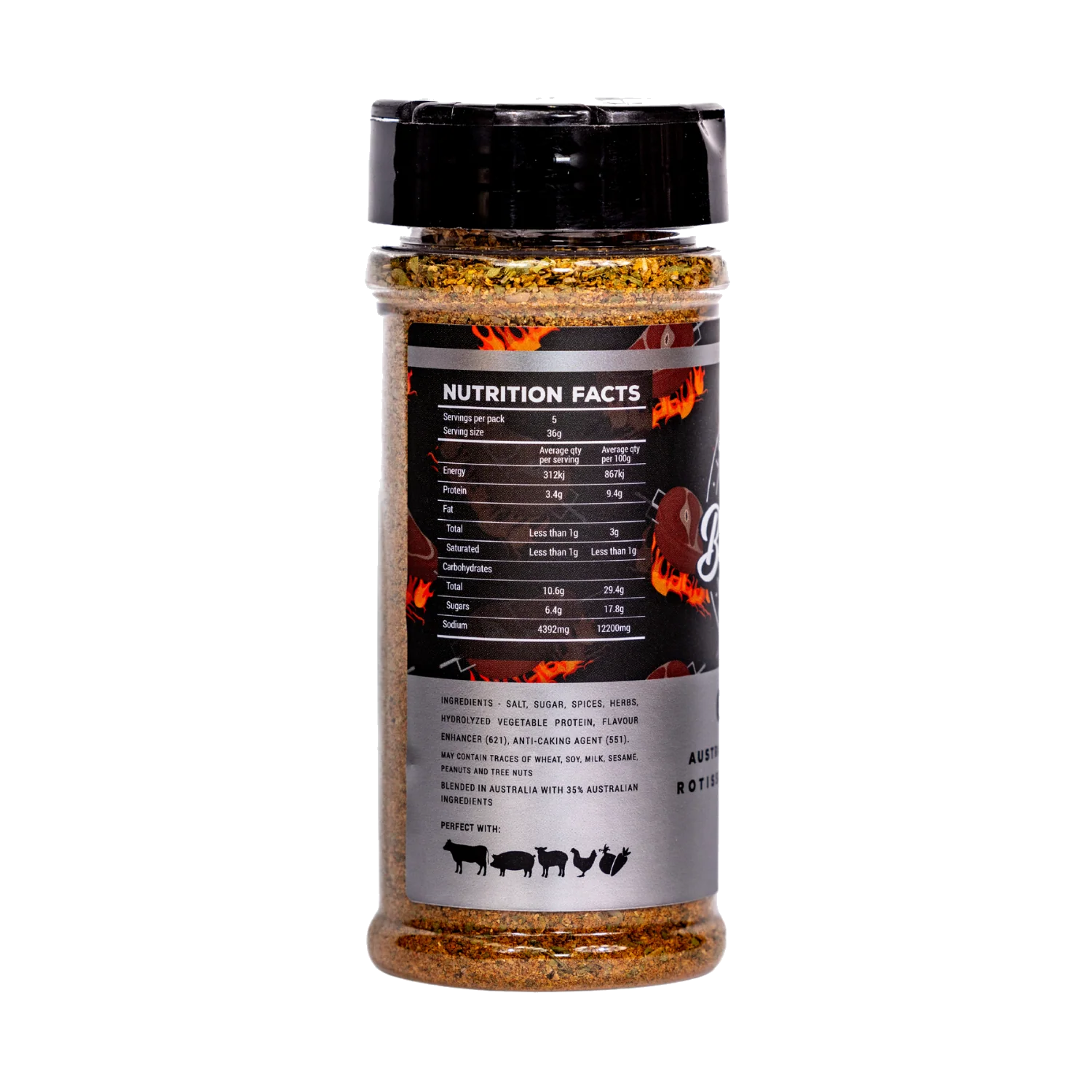 Butchers Axe Gyros rotisserie seasoning 180g shaker, ingredients and nutrition panel, transparent background