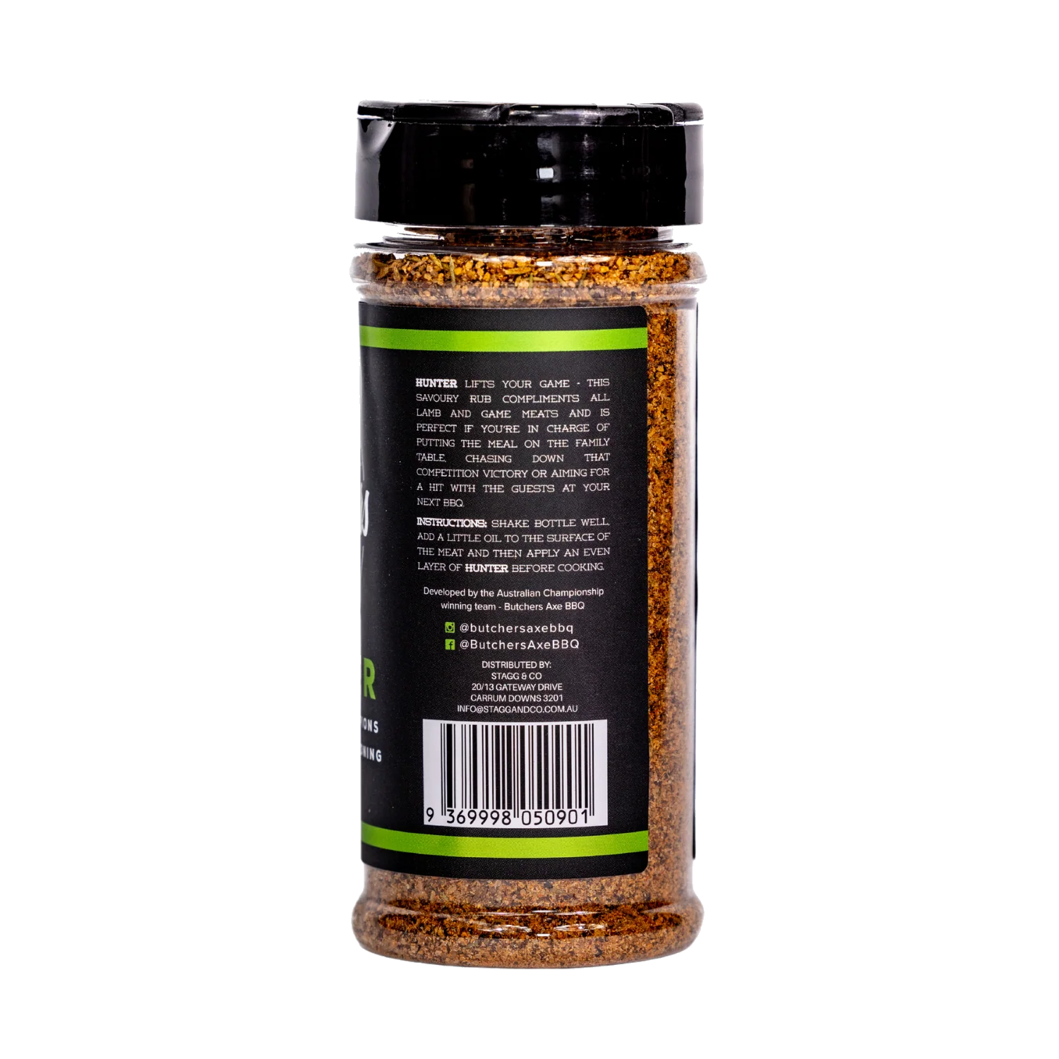 Butchers Axe Hunter Lamb and Game Rub 165g shaker, side label detail, transparent background