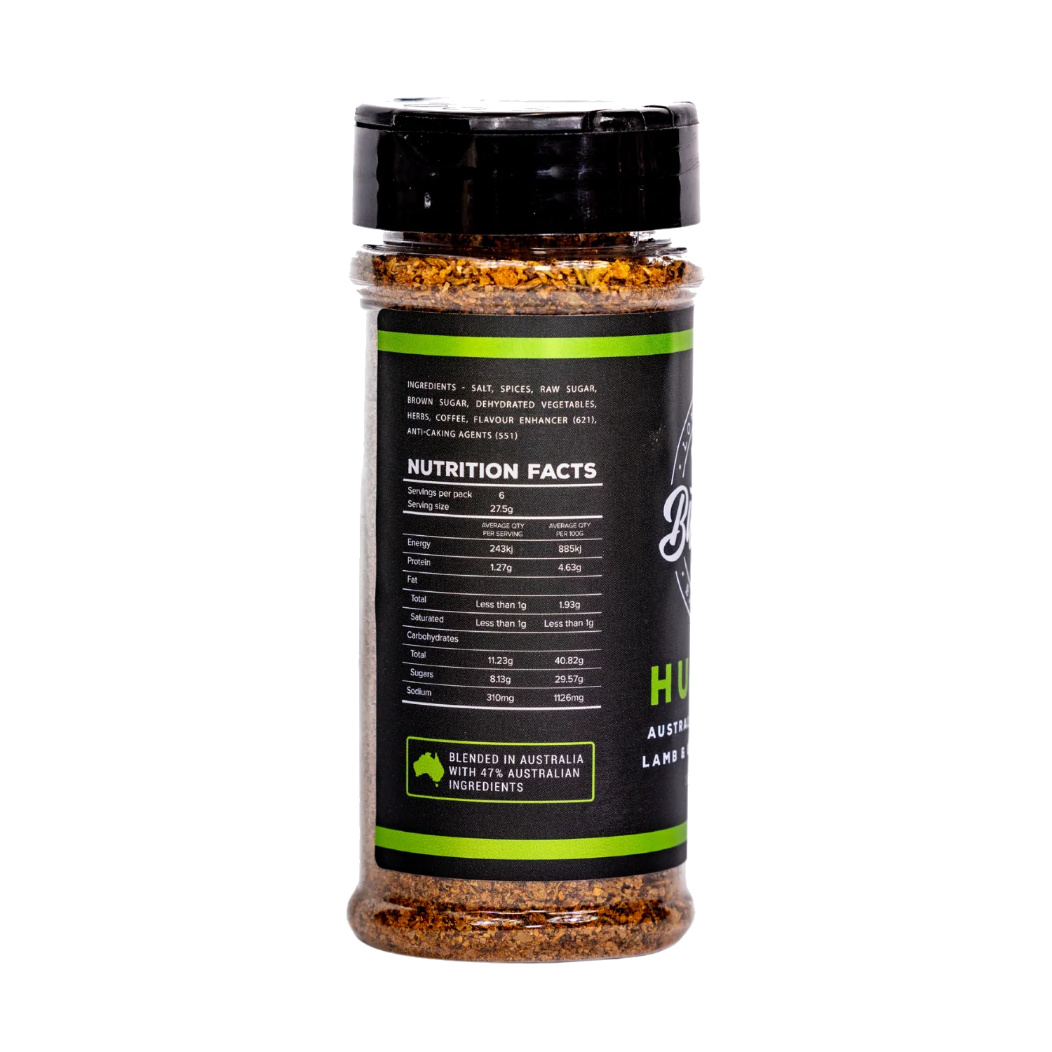 Butchers Axe Hunter Lamb and Game Rub 165g shaker, ingredients and nutrition panel, transparent background