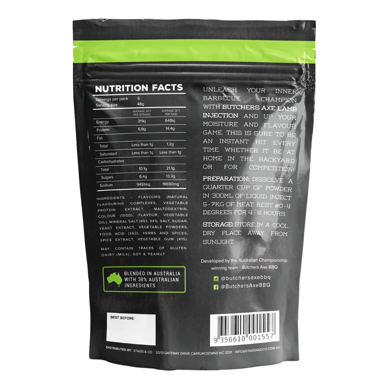 Butchers Axe Lamb Injection 500g tub, back label with directions and ingredients, transparent background
