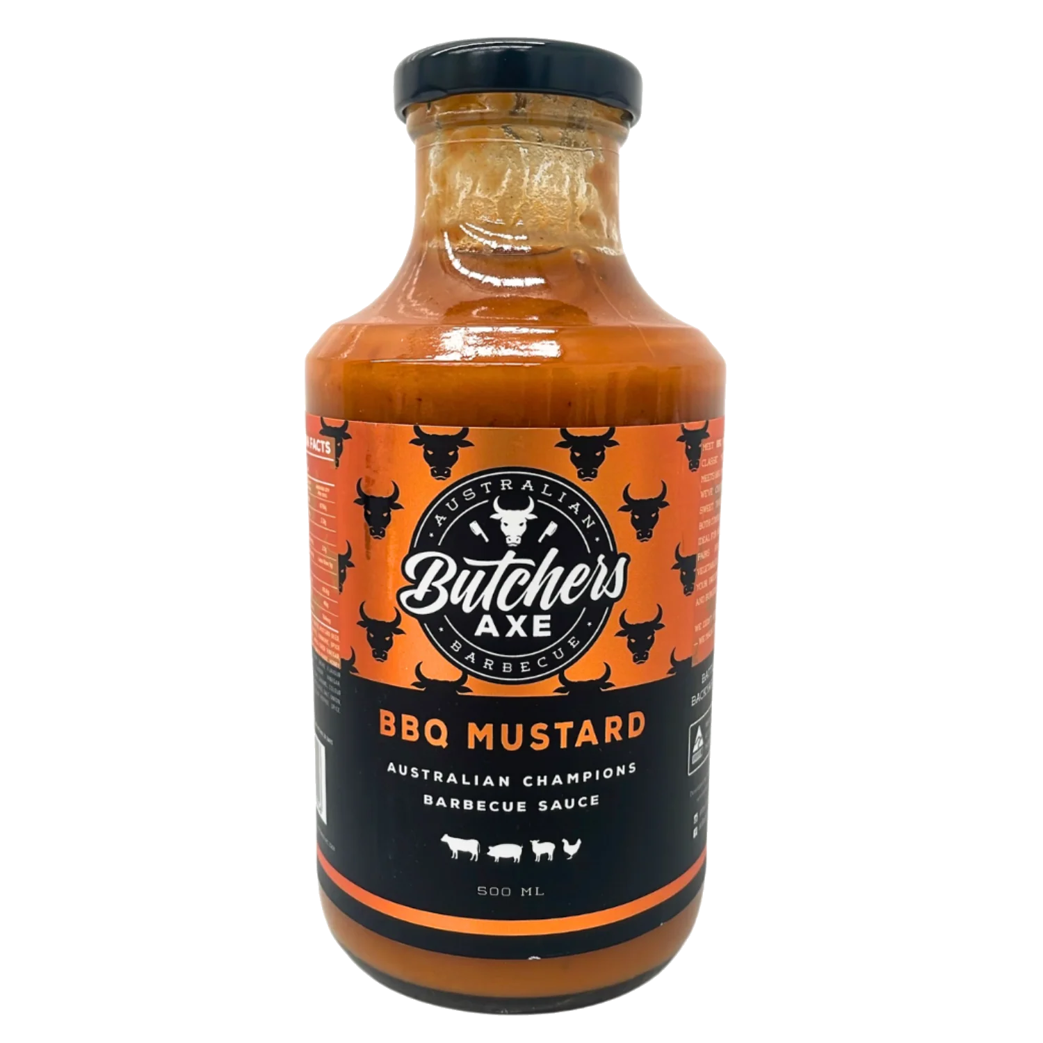 Butchers Axe Mustard BBQ Sauce 500ml bottle, front label, product only on transparent background