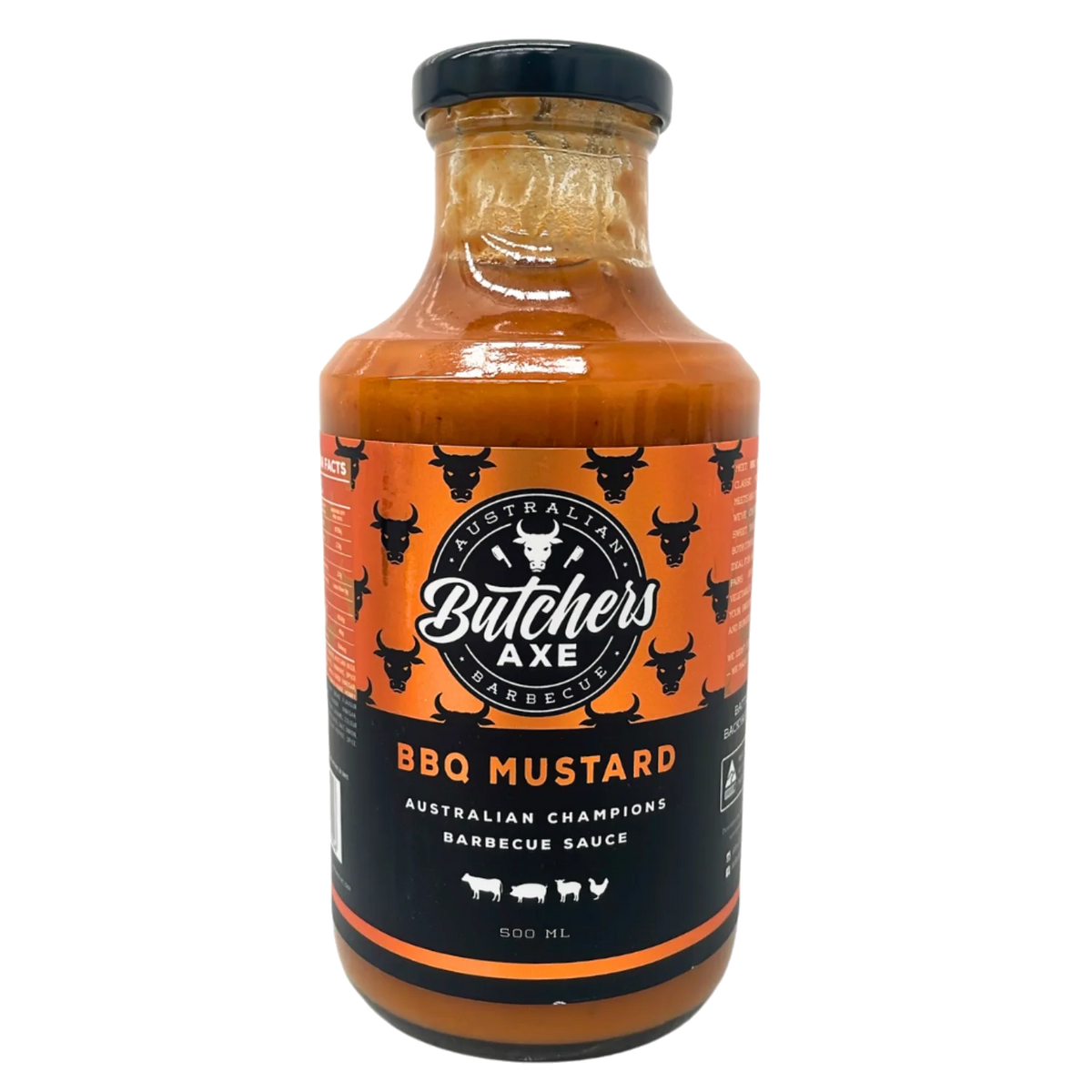 Butchers Axe Mustard BBQ Sauce 500ml bottle, front label, product only on transparent background