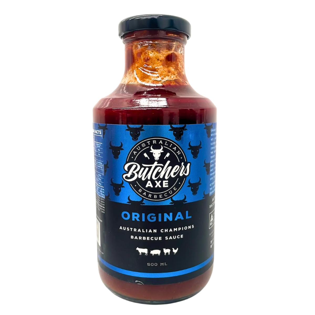 Butchers Axe Original BBQ Sauce 500ml bottle, front label, product only on transparent background