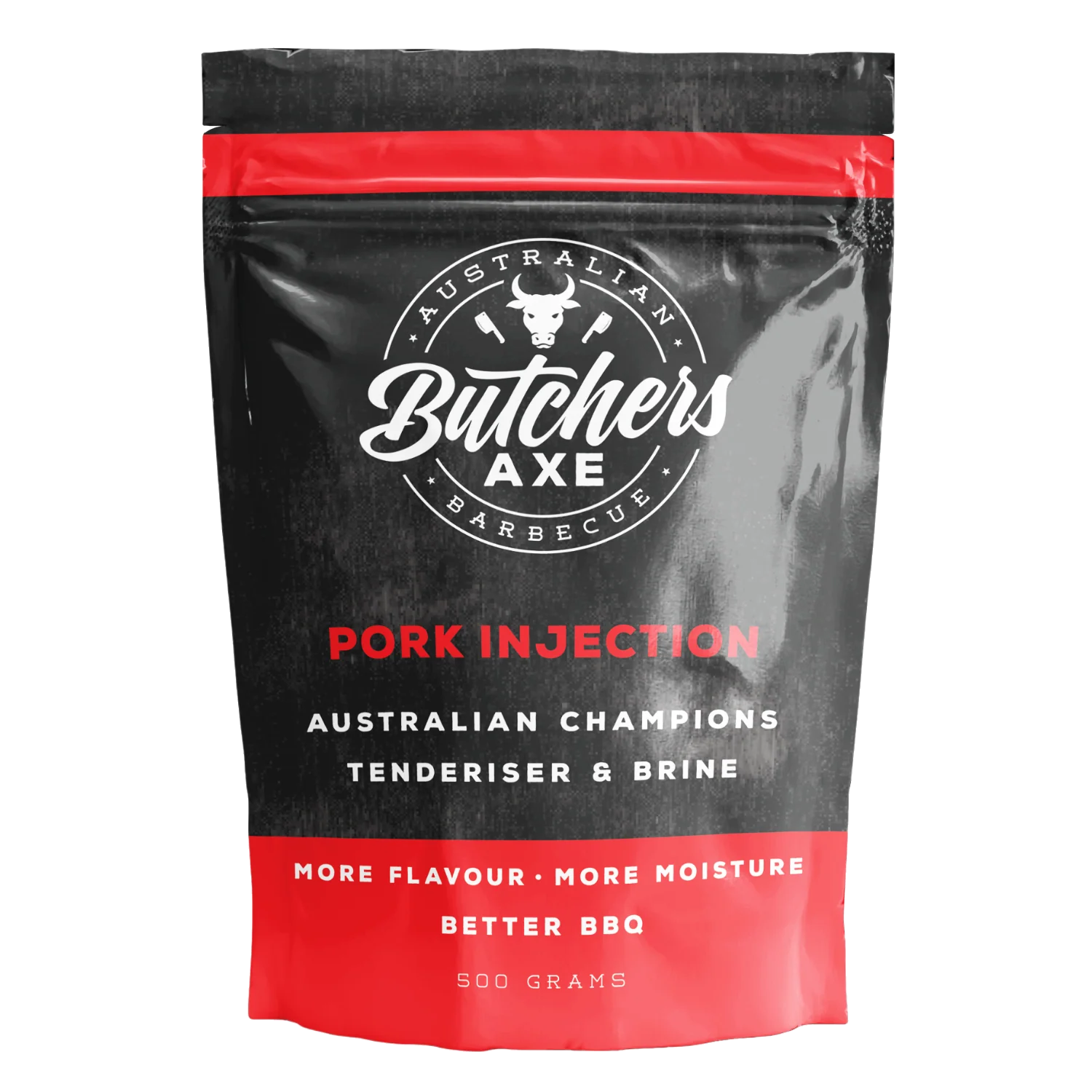 Butchers Axe Pork Injection 500g tub, front label, product only on transparent background