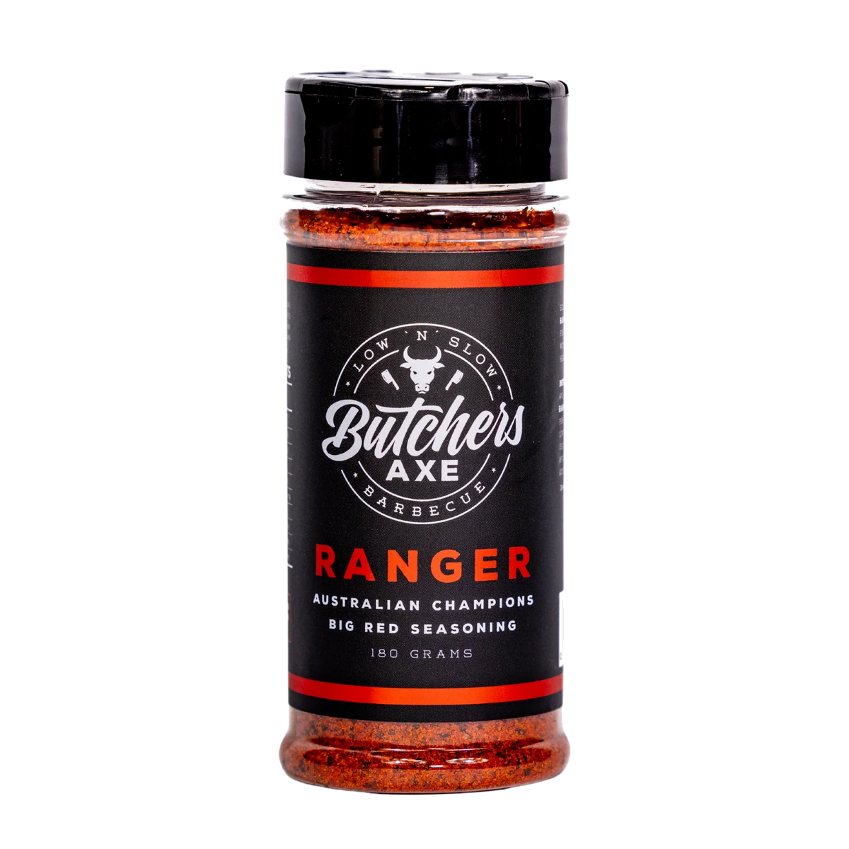 Butchers Axe Ranger Big Red sweet BBQ rub 180g shaker, front label, product only on transparent background
