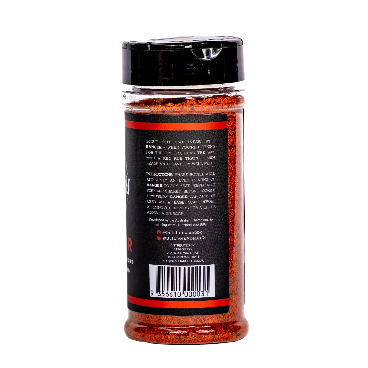 Butchers Axe Ranger red rub 180g shaker, side label detail, transparent background
