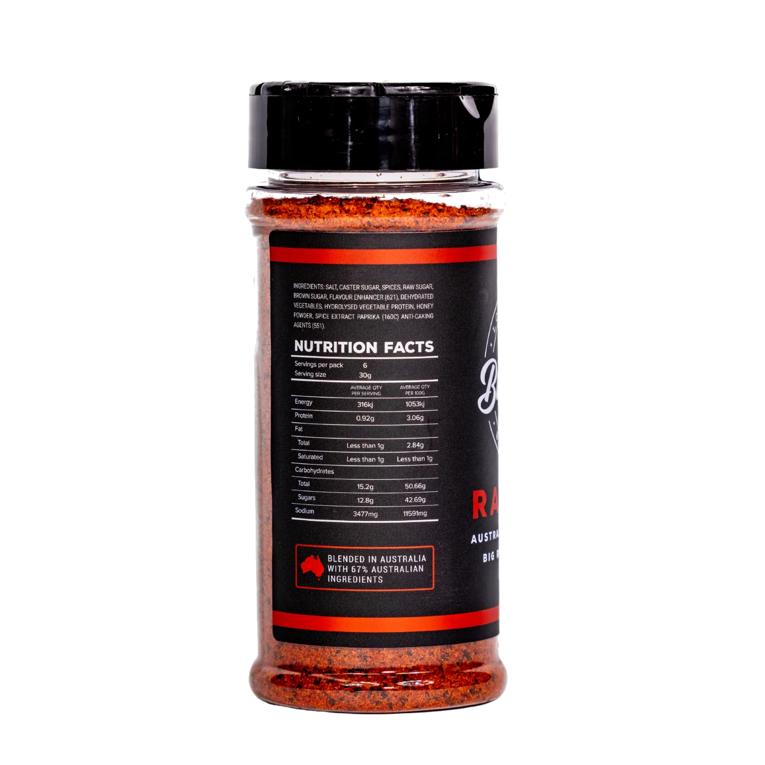 Butchers Axe Ranger red rub 180g shaker, ingredients and nutrition panel, transparent background