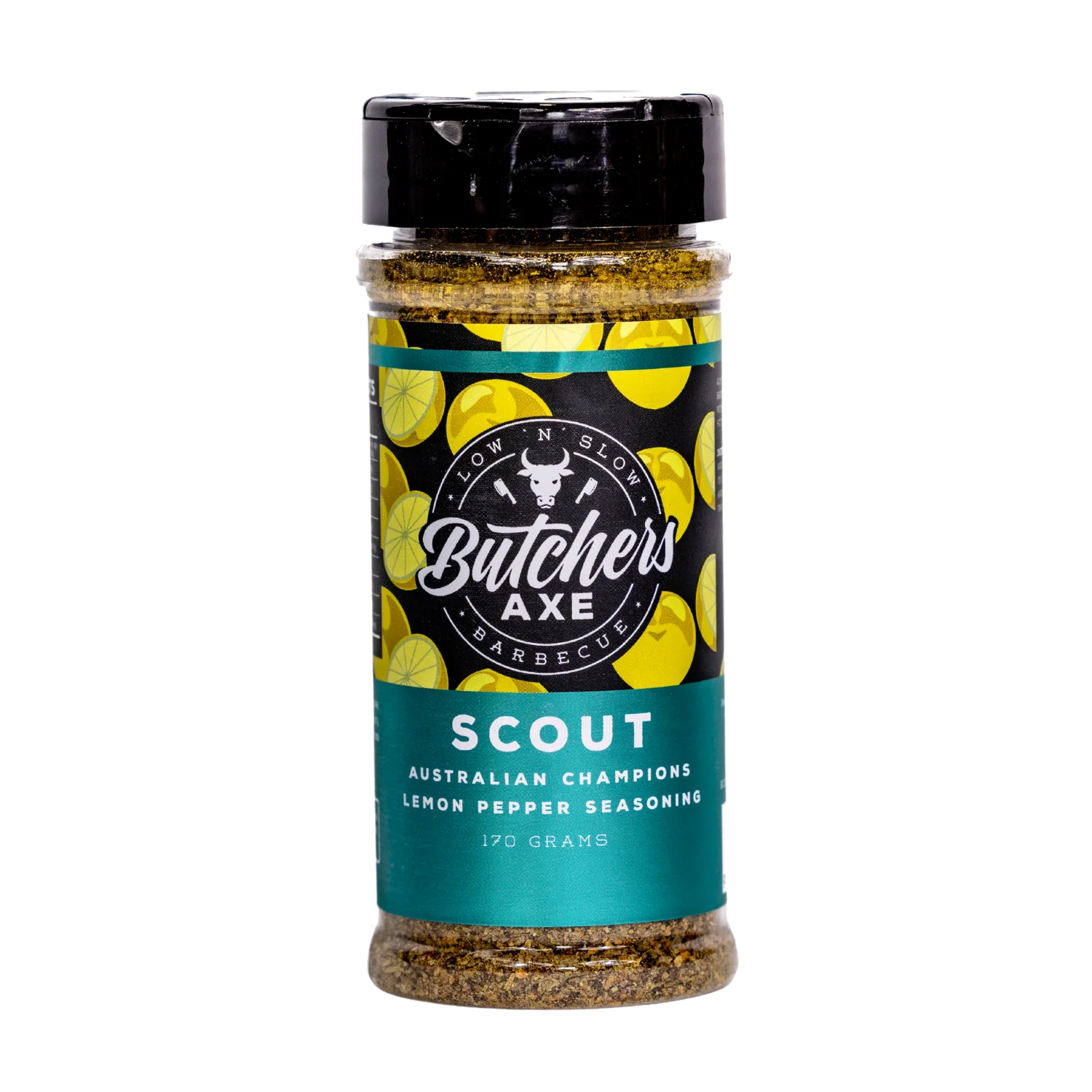 Butchers Axe Scout lemon pepper seasoning 170g shaker, front label, product only on transparent background