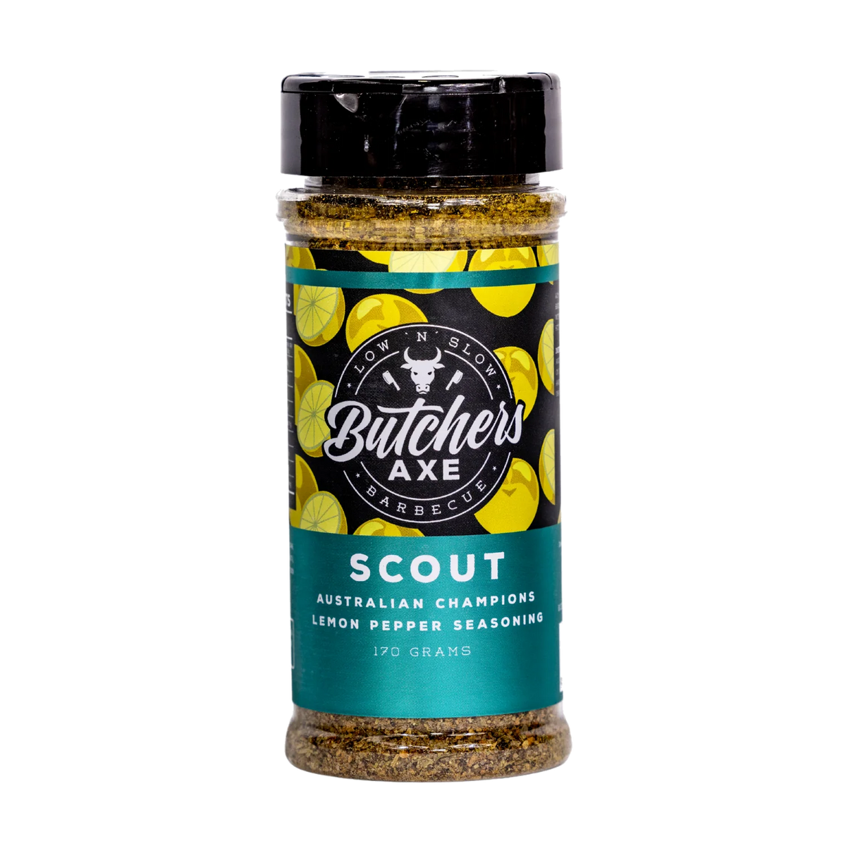Butchers Axe Scout lemon pepper seasoning 170g shaker, front label, product only on transparent background
