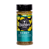 Butchers Axe Scout lemon pepper seasoning 170g shaker, front label, product only on transparent background