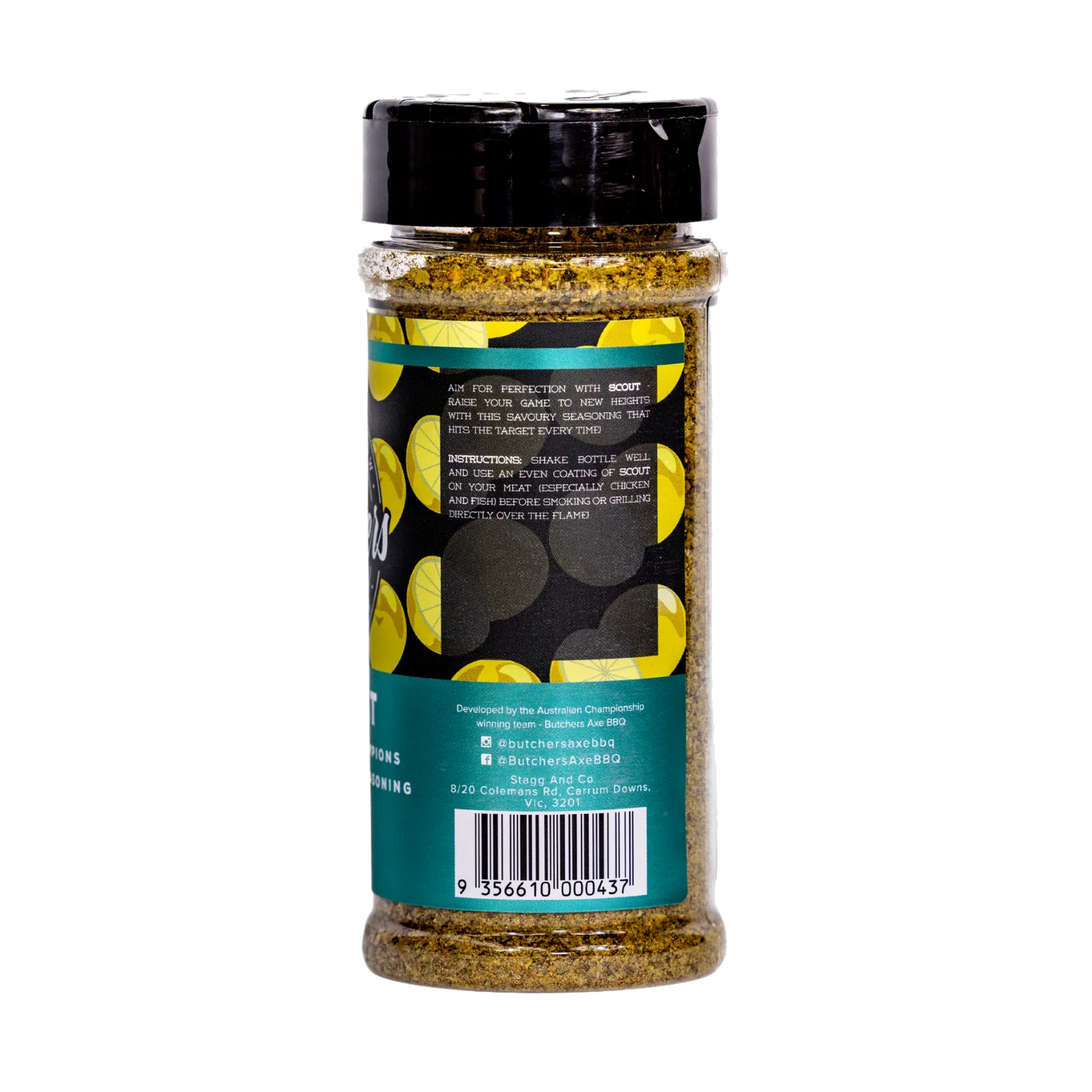 Butchers Axe Scout lemon pepper seasoning 170g shaker, side label detail, transparent background
