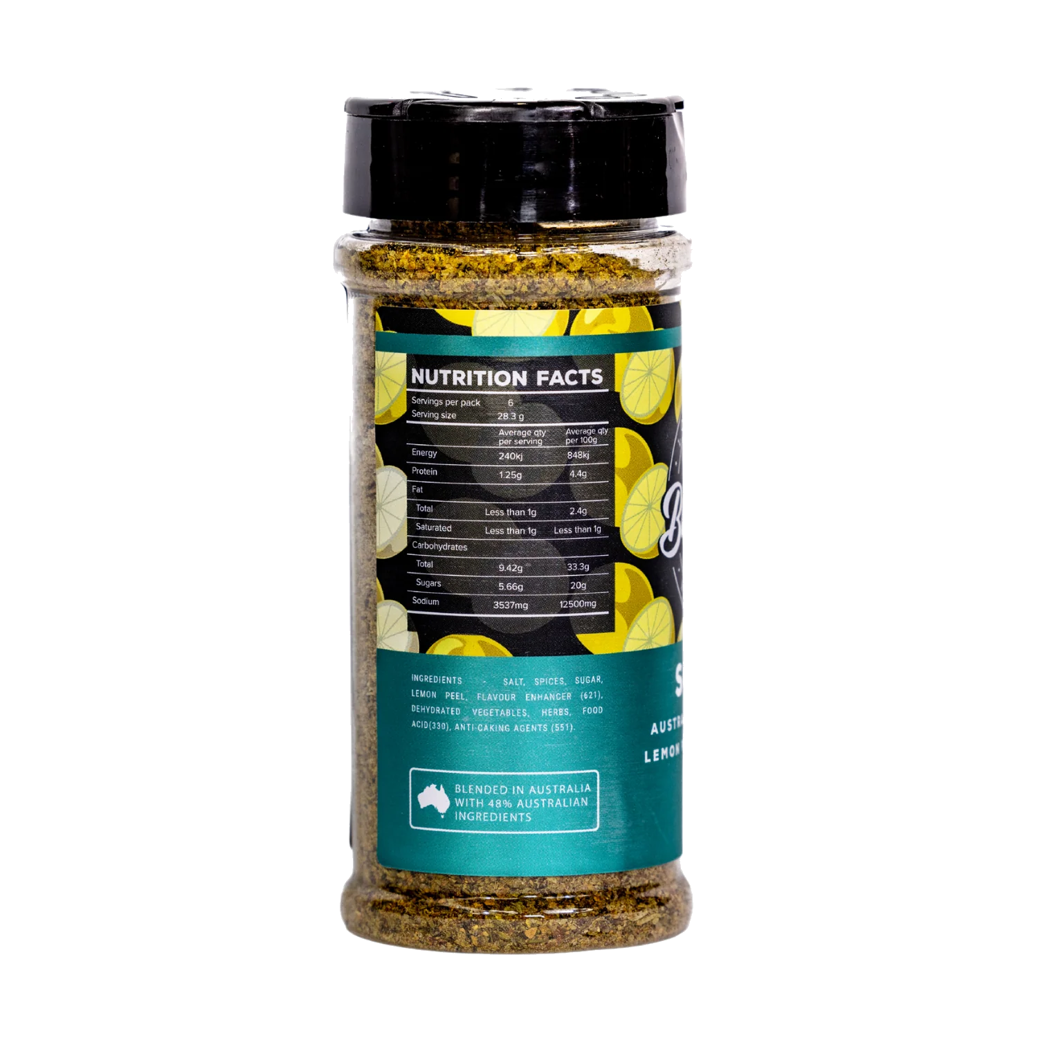 Butchers Axe Scout lemon pepper seasoning 170g shaker, ingredients and nutrition panel, transparent background