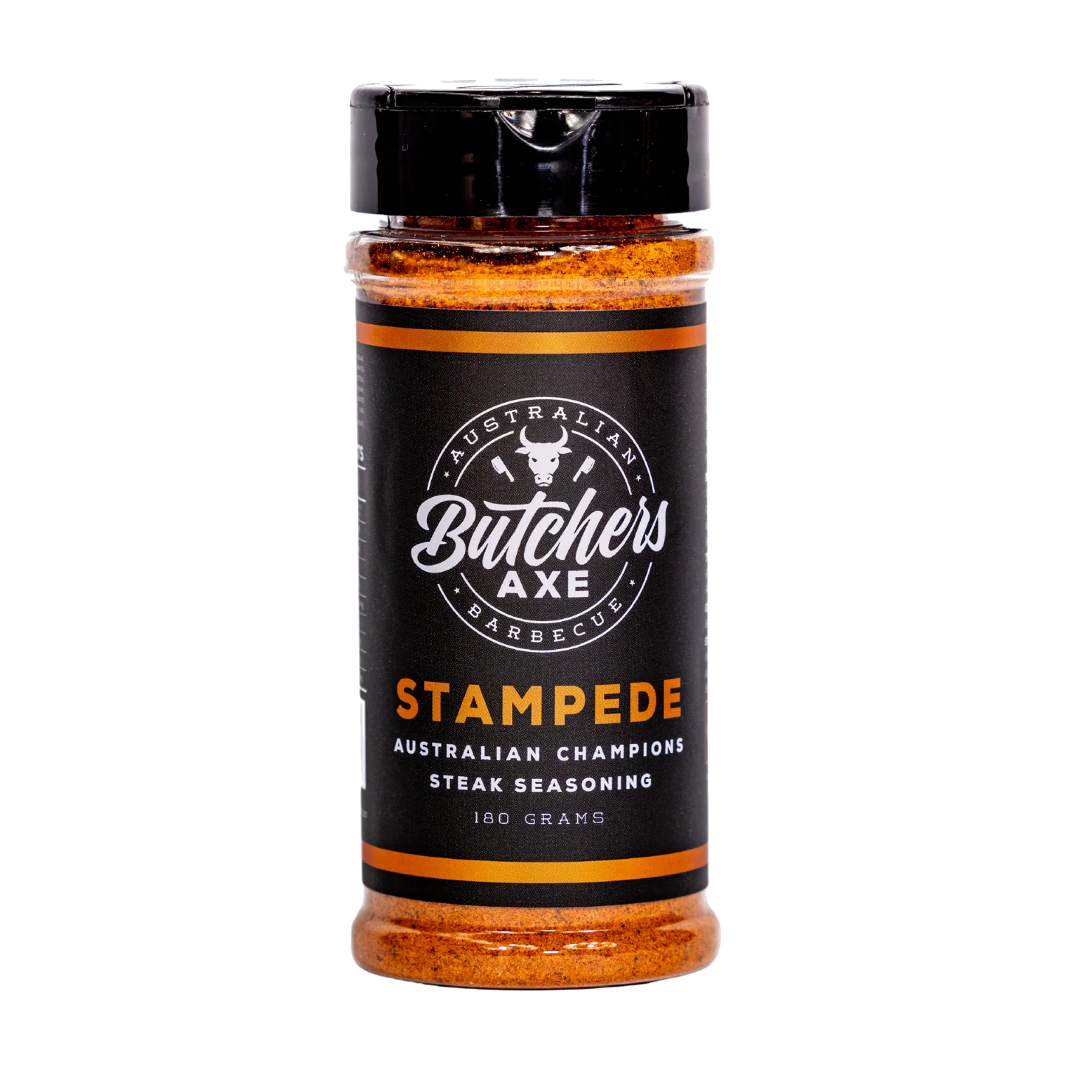 Butchers Axe Stampede steak seasoning 180g shaker, front label, product only on transparent background