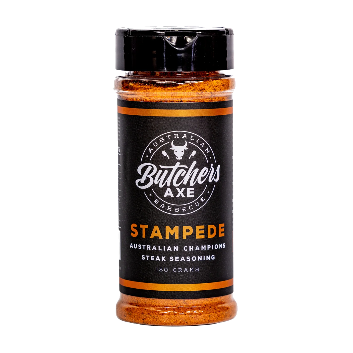 Butchers Axe Stampede steak seasoning 180g shaker, front label, product only on transparent background
