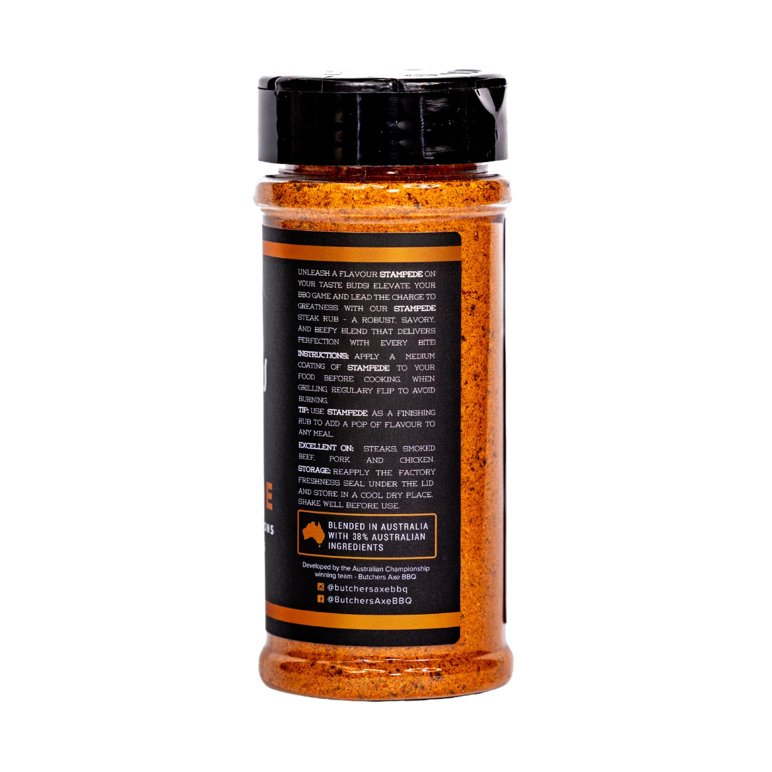 Butchers Axe Stampede steak seasoning 180g shaker, side label detail, transparent background