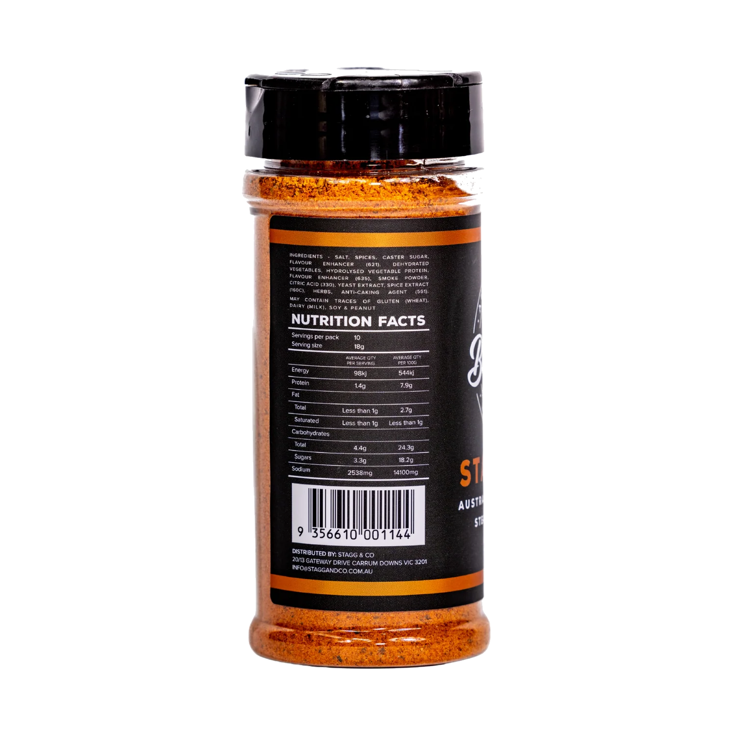 Butchers Axe Stampede steak seasoning 180g shaker, ingredients and nutrition panel, transparent background