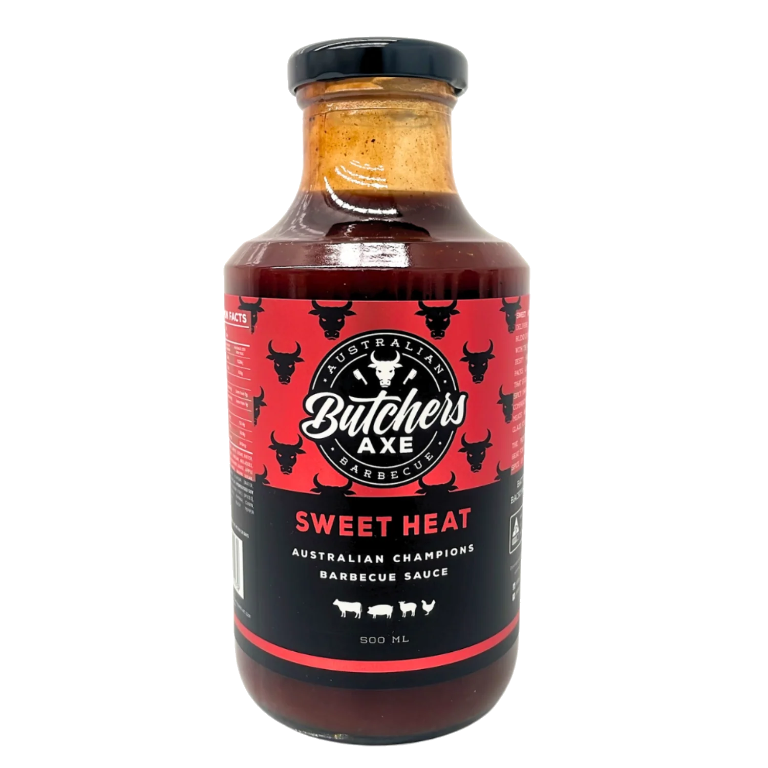 Butchers Axe Sweet Heat BBQ Sauce 500ml bottle, front label, product only on transparent background