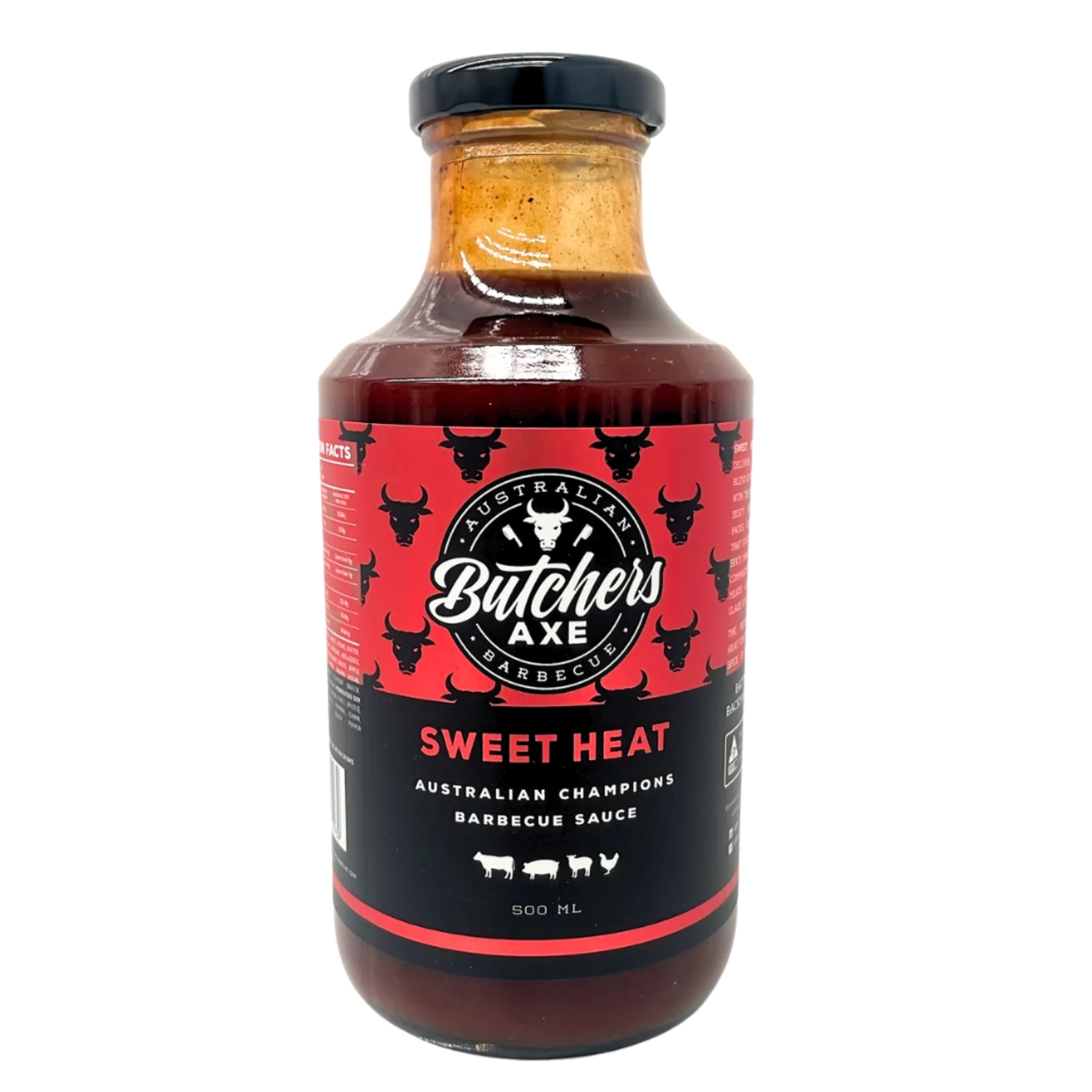 Butchers Axe Sweet Heat BBQ Sauce 500ml bottle, front label, product only on transparent background
