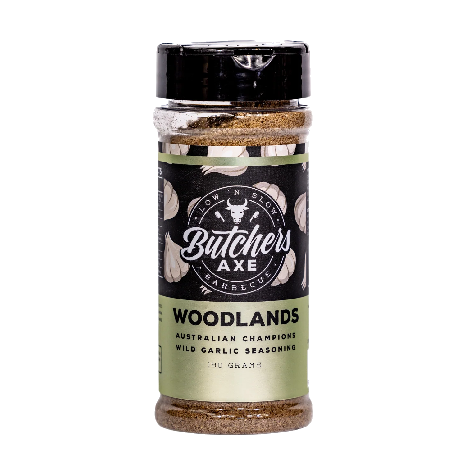 Butchers Axe Woodlands wild garlic seasoning 170g shaker, front label, product only on transparent background