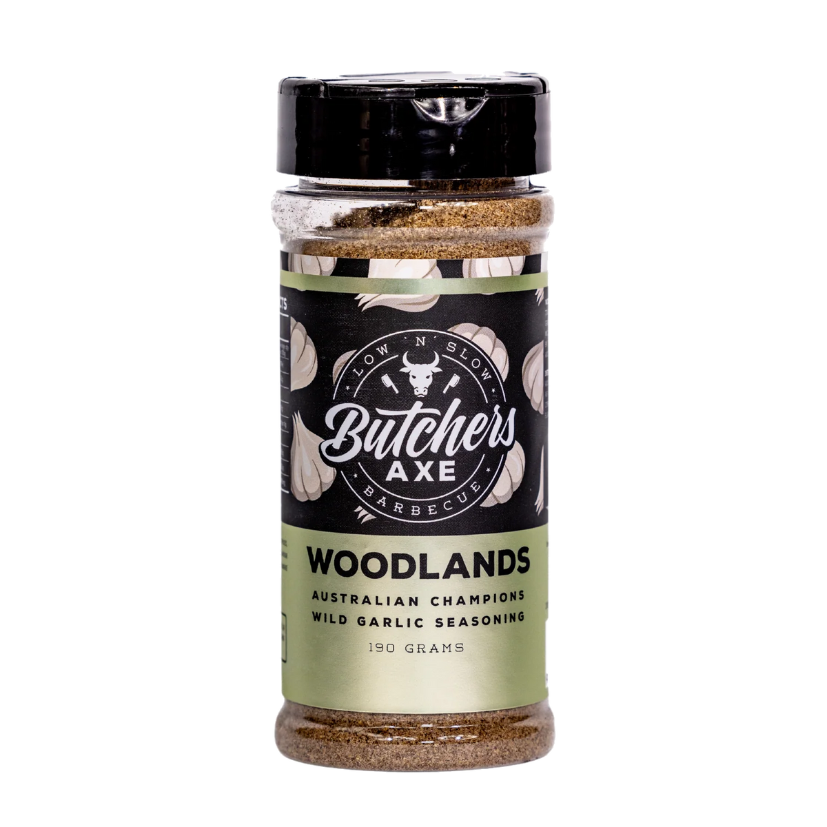 Butchers Axe Woodlands wild garlic seasoning 170g shaker, front label, product only on transparent background
