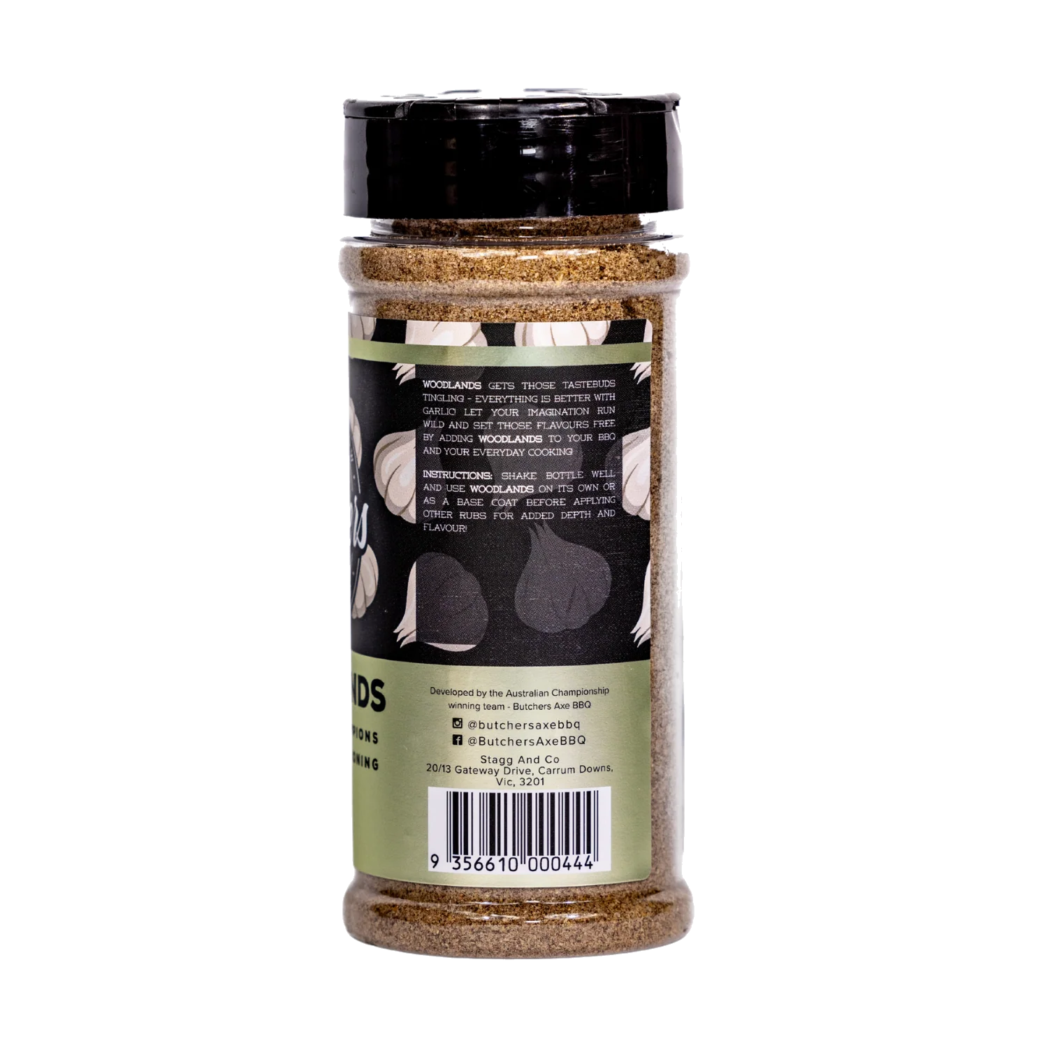 Butchers Axe Woodlands garlic seasoning 170g shaker, side label detail, transparent background