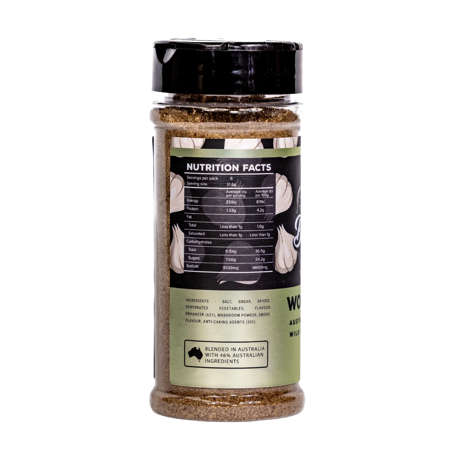 Butchers Axe Woodlands garlic seasoning 170g shaker, ingredients and nutrition panel, transparent background