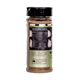 Butchers Axe Woodlands garlic seasoning 170g shaker, ingredients and nutrition panel, transparent background