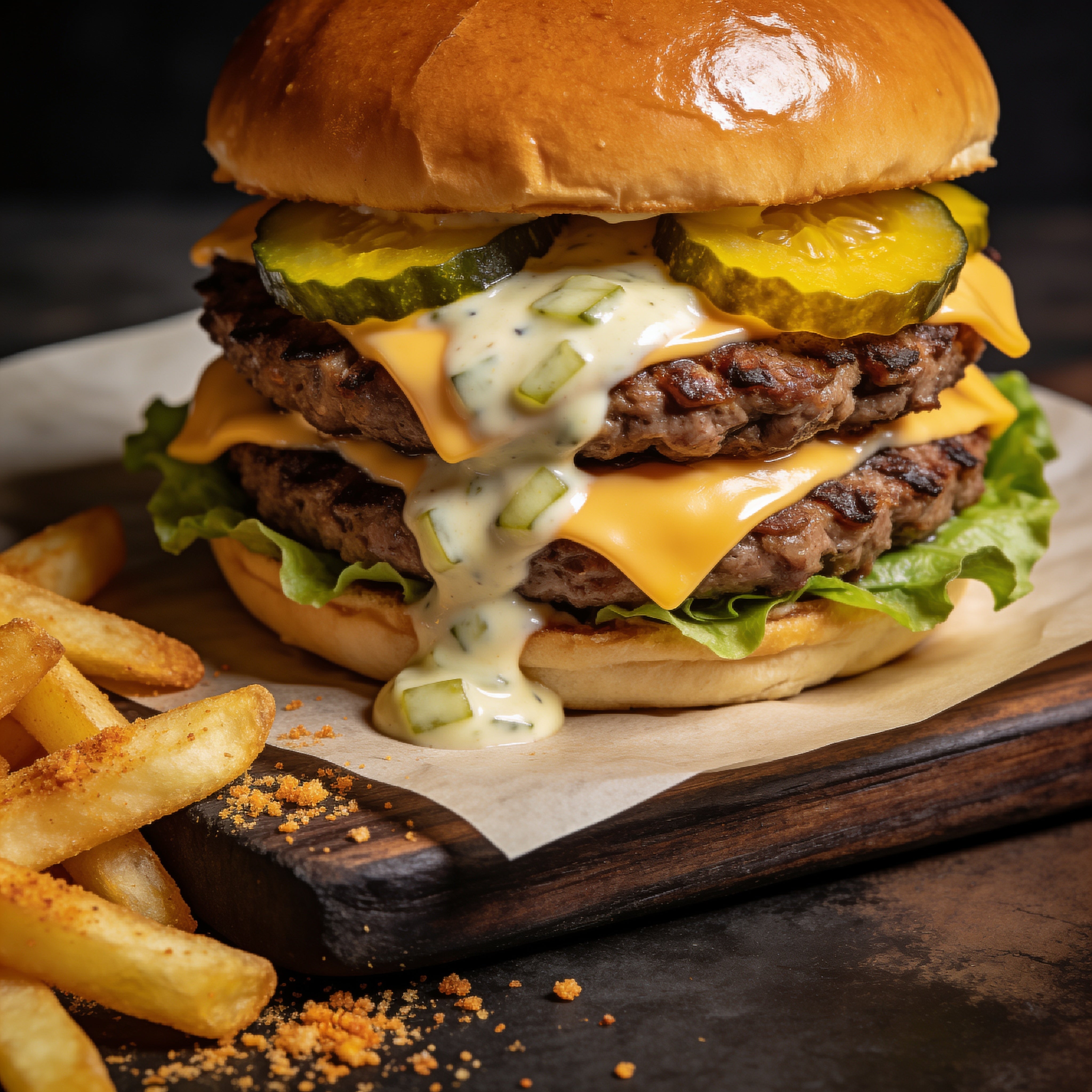 Bangin Burger Box - double smash cheeseburger with creamy burger sauce and golden zucchini pickles, seasoned chips alongside