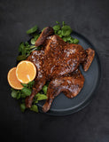 Barbecue Fusion by Adam Roberts hardback cookbook — glazed spatchcock chicken with orange