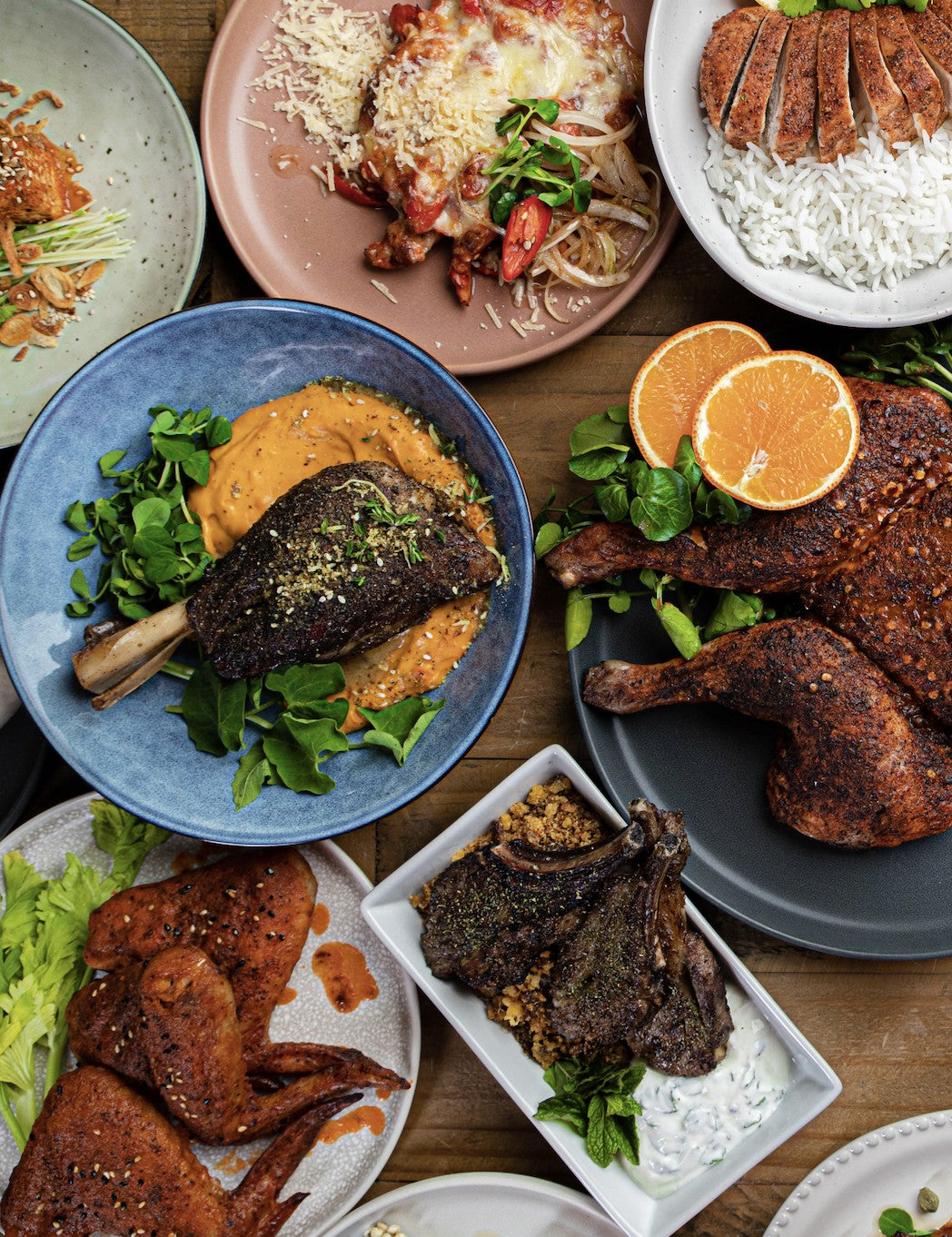 Barbecue Fusion by Adam Roberts hardback cookbook — page of smoked chicken, lamb and sides