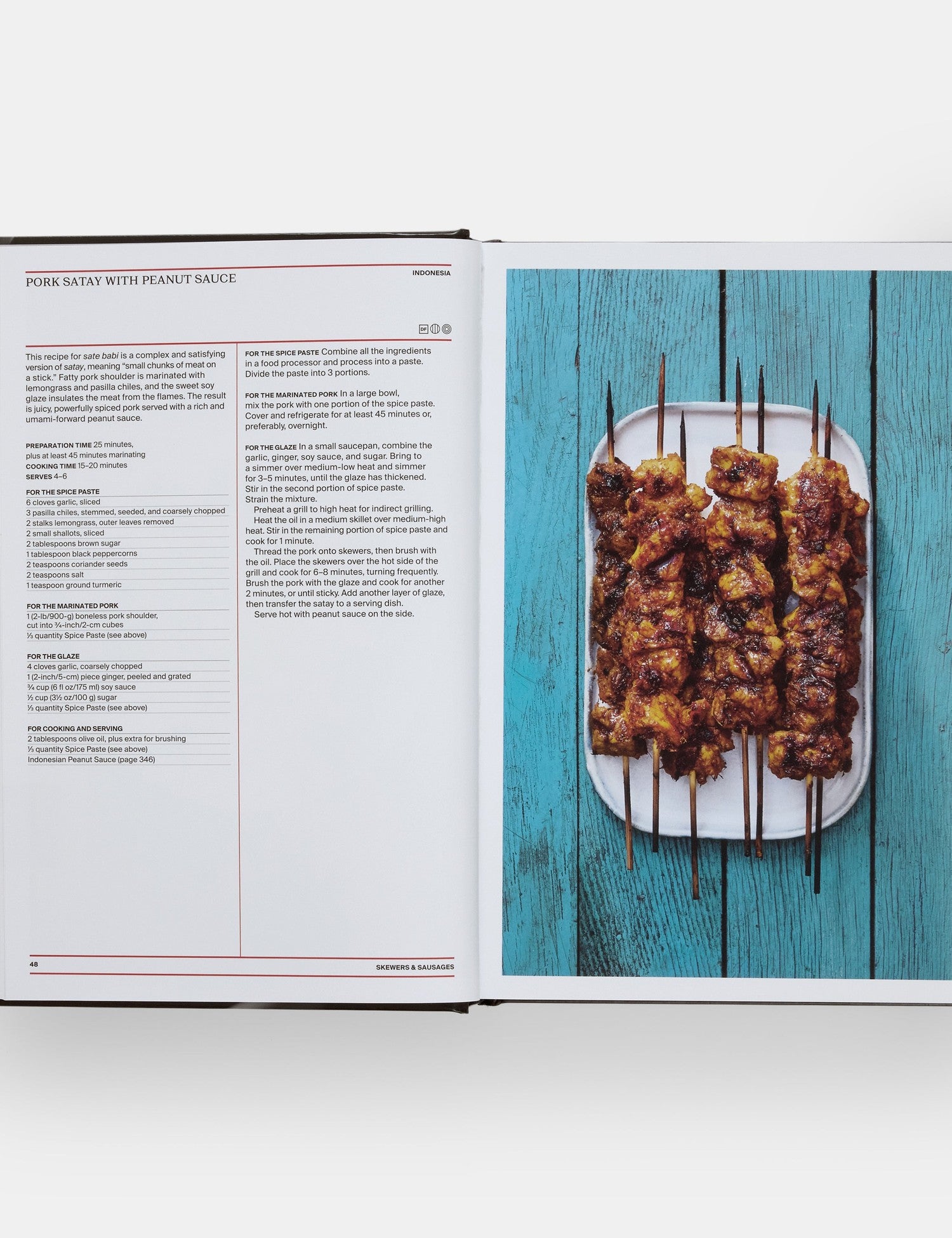 Barbecue by Hugh Mangum hardback cookbook — interior spread of pork satay with peanut sauce