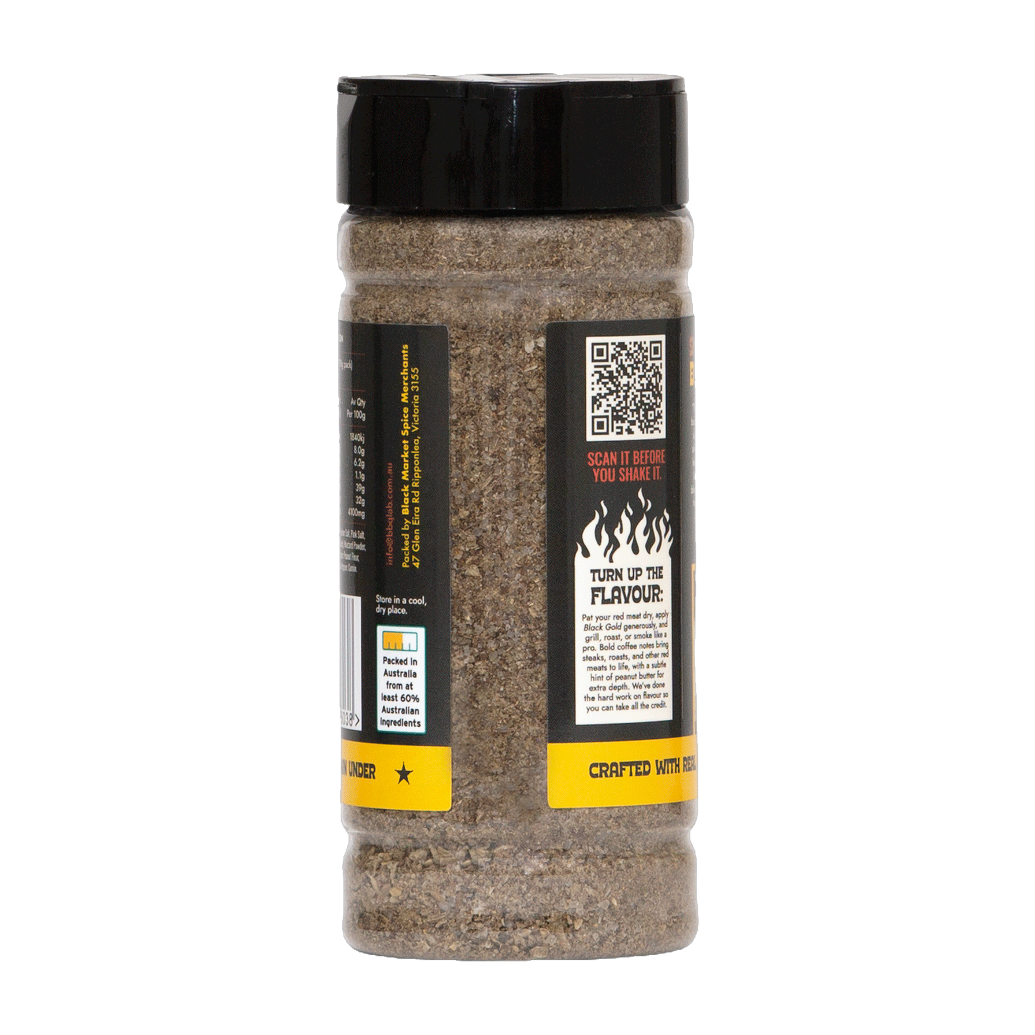 BBQ Lab Black Gold coffee & peanut butter BBQ rub — back of jar with ingredients & QR, transparent background
